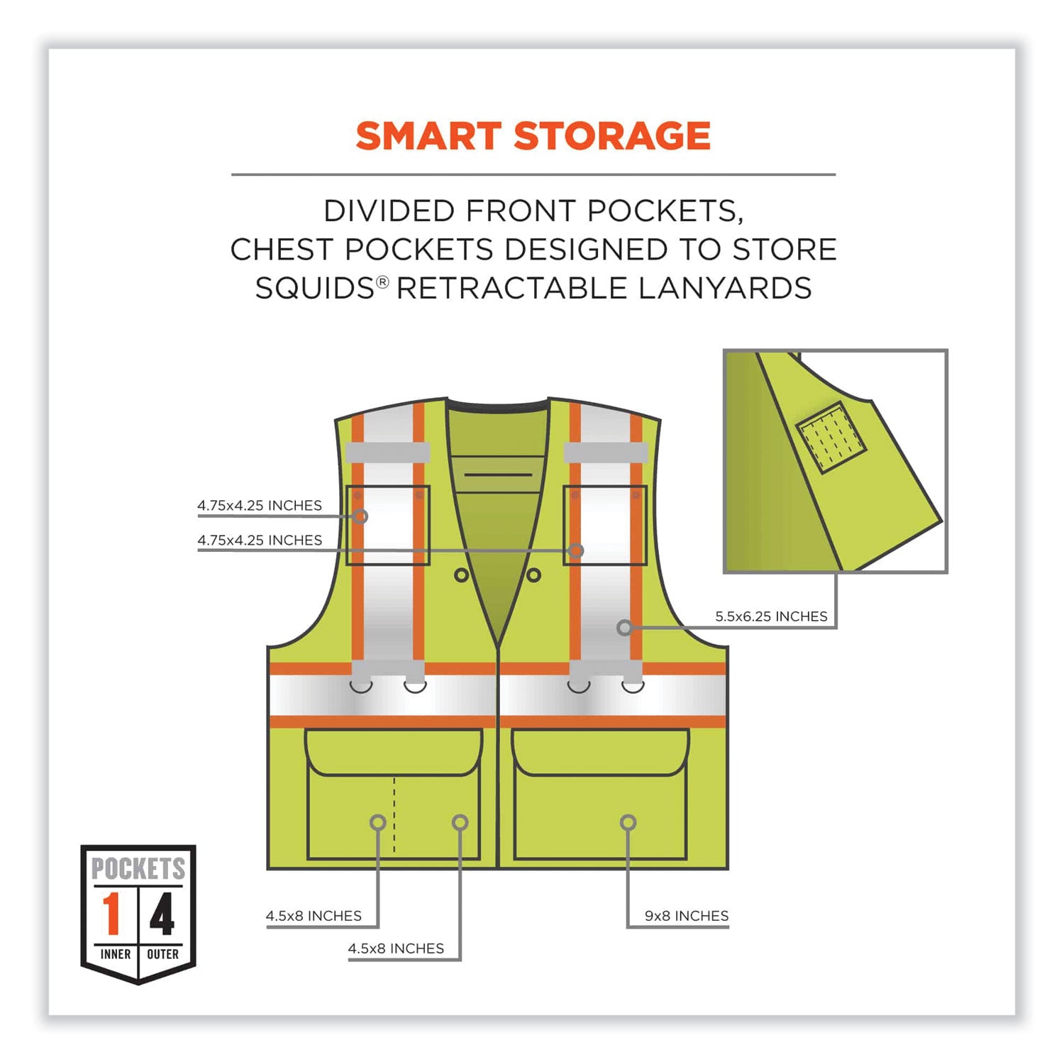 GloWear 8231TV Class 2 Hi-Vis Tool Tethering Safety Vest, Polyester, Large/X-Large, Lime, Ships in 1-3 Business Days