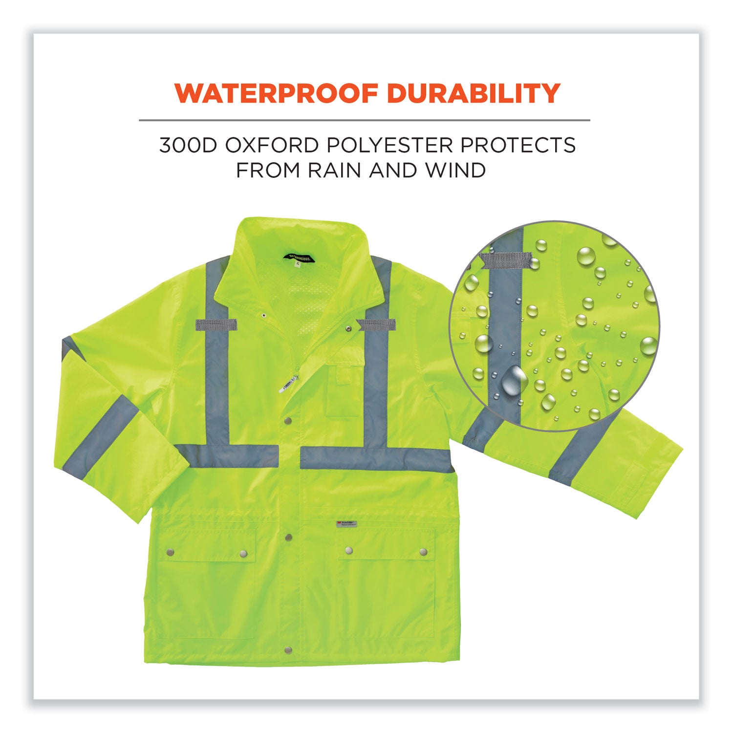 GloWear 8365 Class 3 Hi-Vis Rain Jacket, Polyester, Large, Lime, Ships in 1-3 Business Days