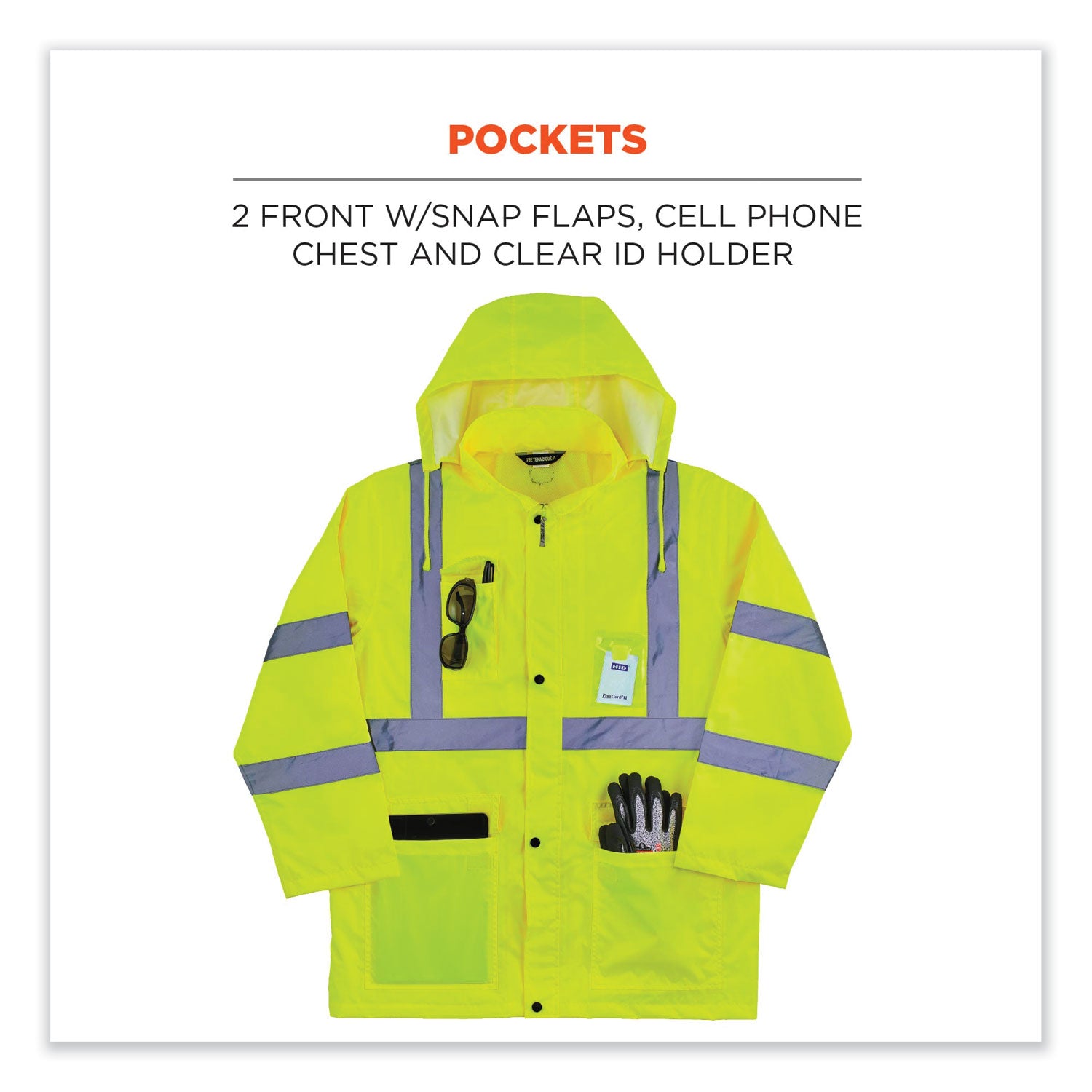 GloWear 8366 Class 3 Lightweight Hi-Vis Rain Jacket, Polyester, Medium, Lime, Ships in 1-3 Business Days