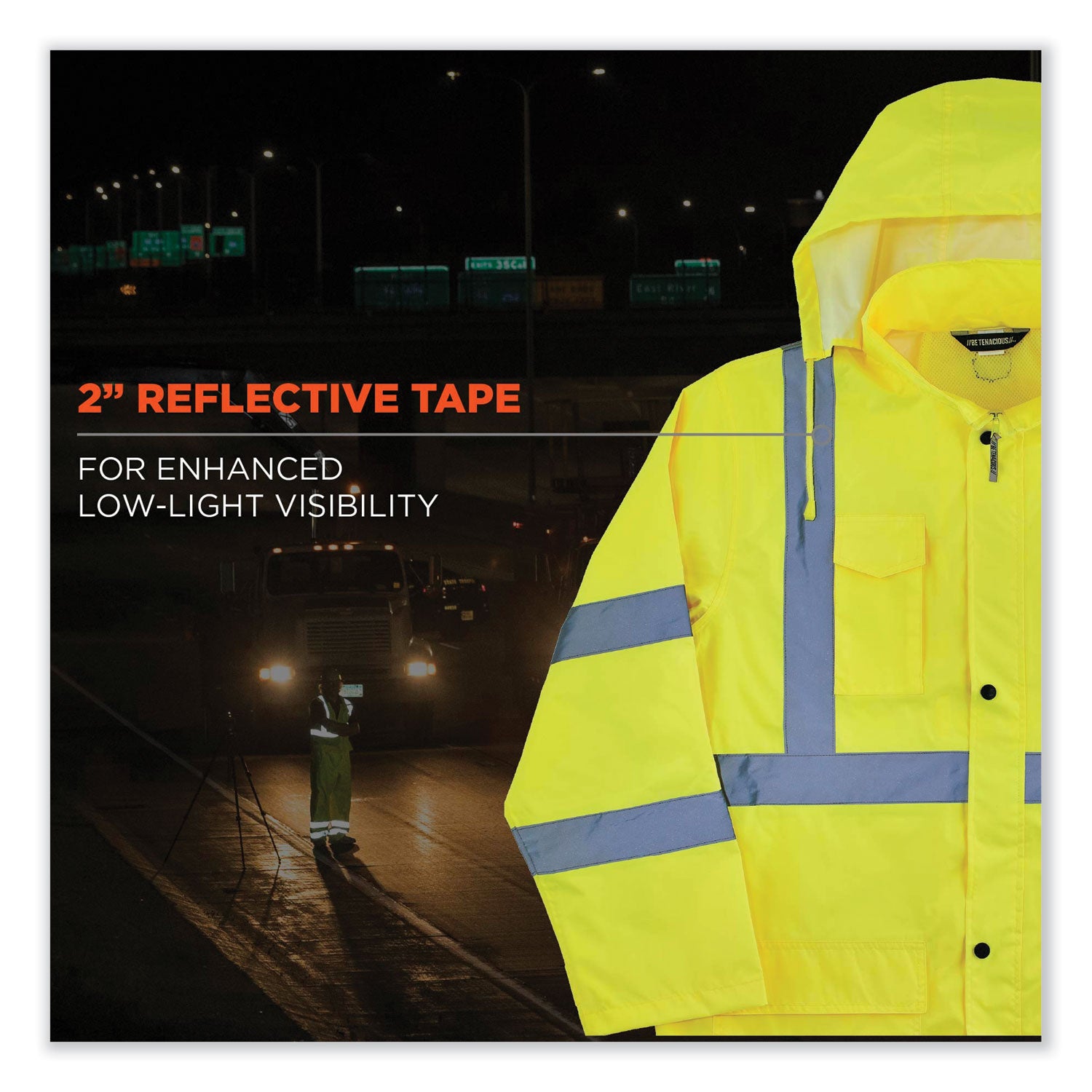 GloWear 8366 Class 3 Lightweight Hi-Vis Rain Jacket, Polyester, Large, Lime, Ships in 1-3 Business Days