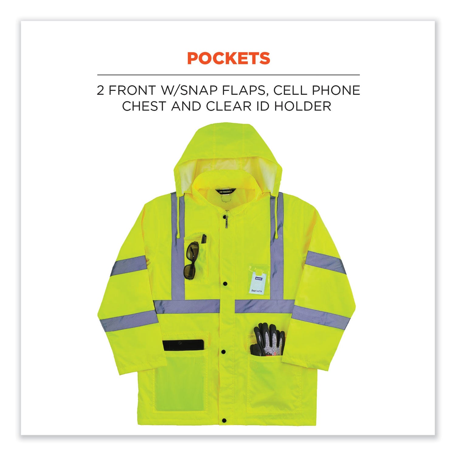 GloWear 8366 Class 3 Lightweight Hi-Vis Rain Jacket, Polyester, 5X-Large, Lime, Ships in 1-3 Business Days