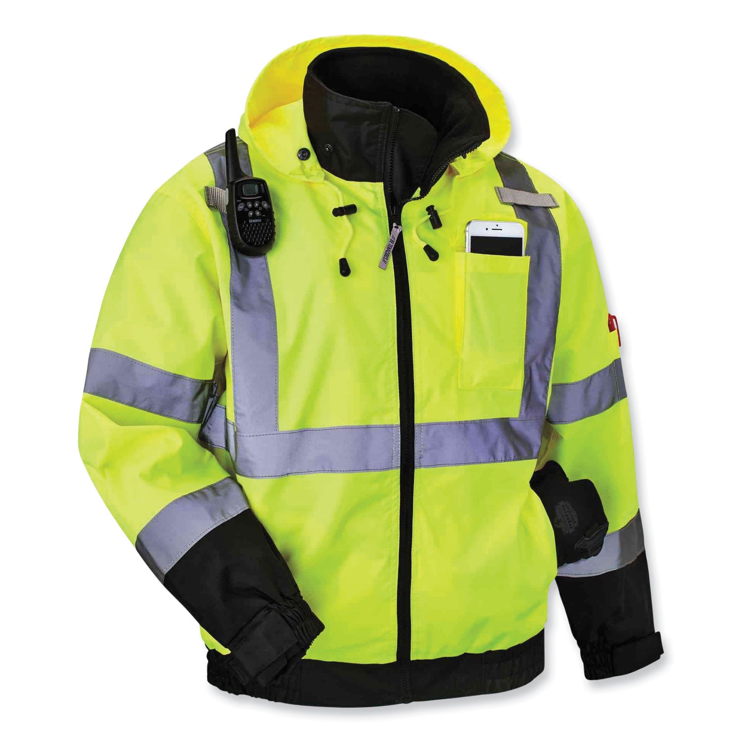 GloWear 8379 Class 3 Hi-Vis Fleece Lined Bomber Jacket, Lime, Large, Ships in 1-3 Business Days