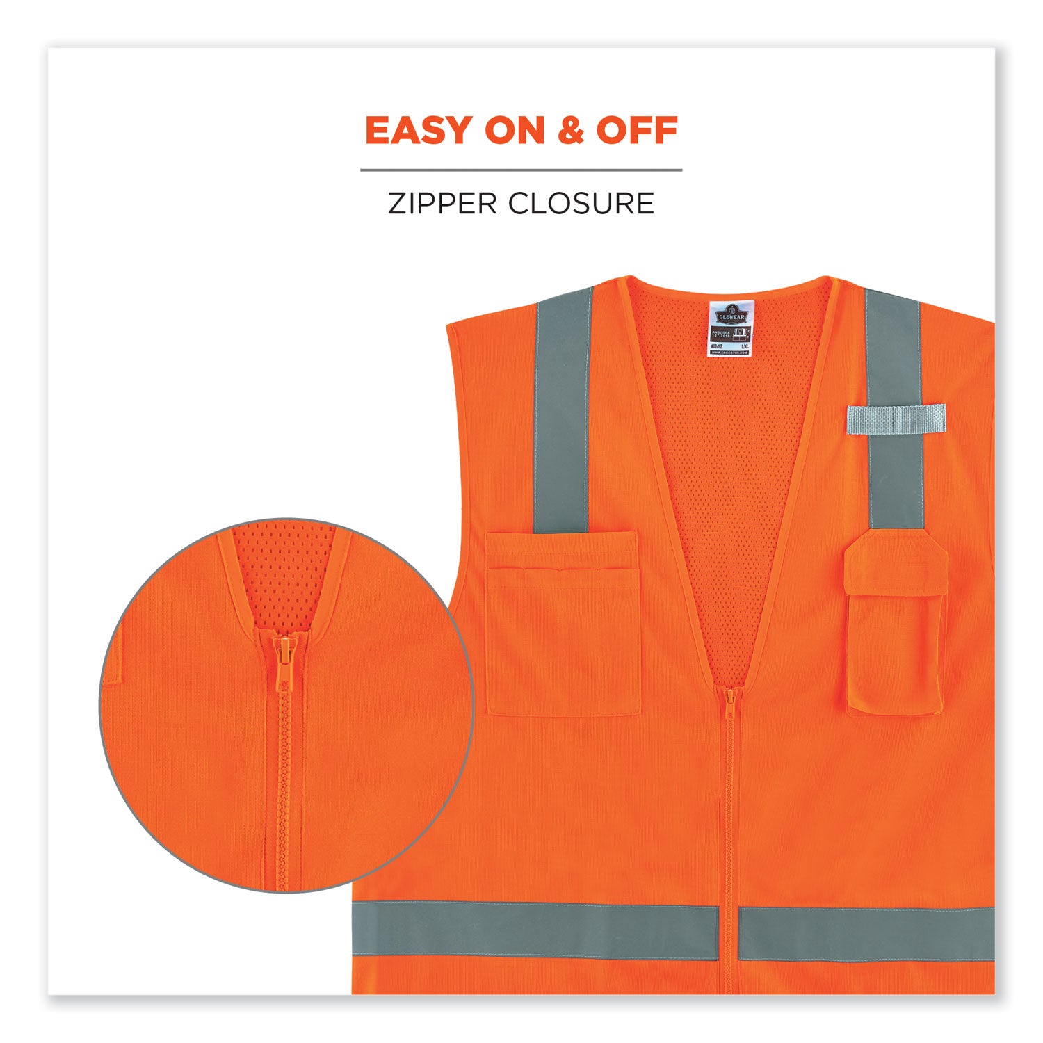 GloWear 8249Z-S Single Size Class 2 Economy Surveyors Zipper Vest, Polyester, Small, Orange, Ships in 1-3 Business Days