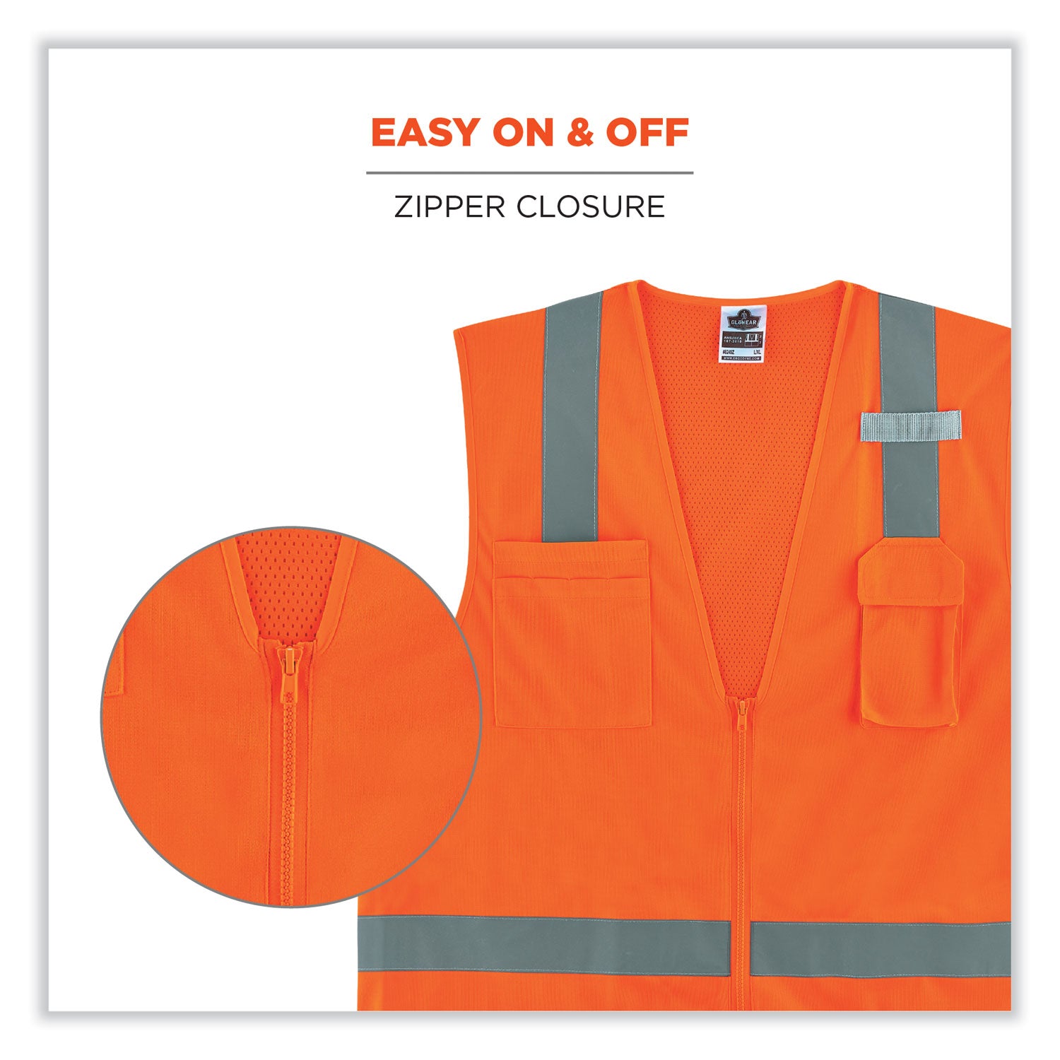 GloWear 8249Z-S Single Size Class 2 Economy Surveyors Zipper Vest, Polyester, 4X-Large, Orange, Ships in 1-3 Business Days