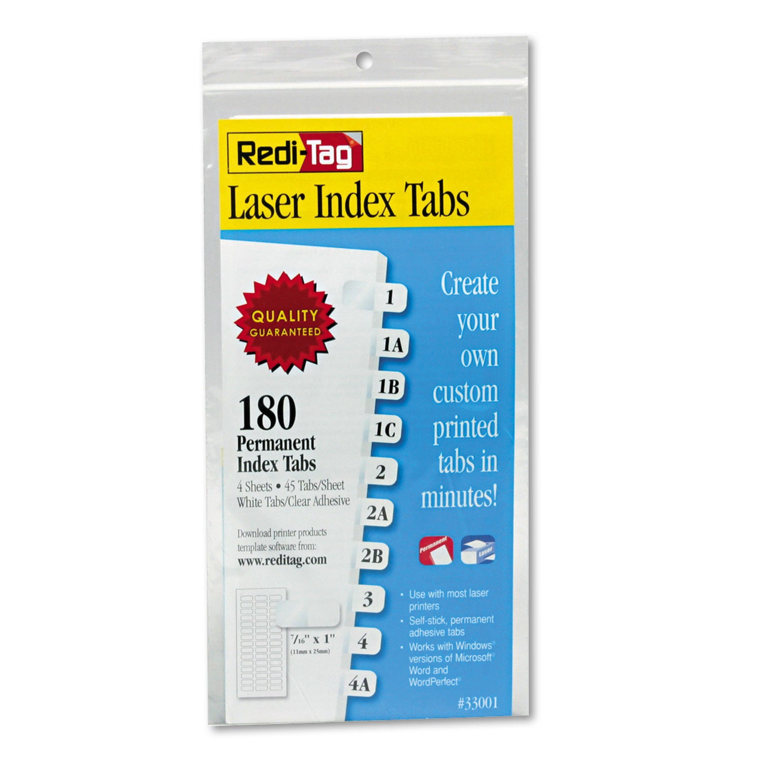 Laser Printable Index Tabs, 1/12-Cut, White, 0.44" Wide, 180/Pack - 