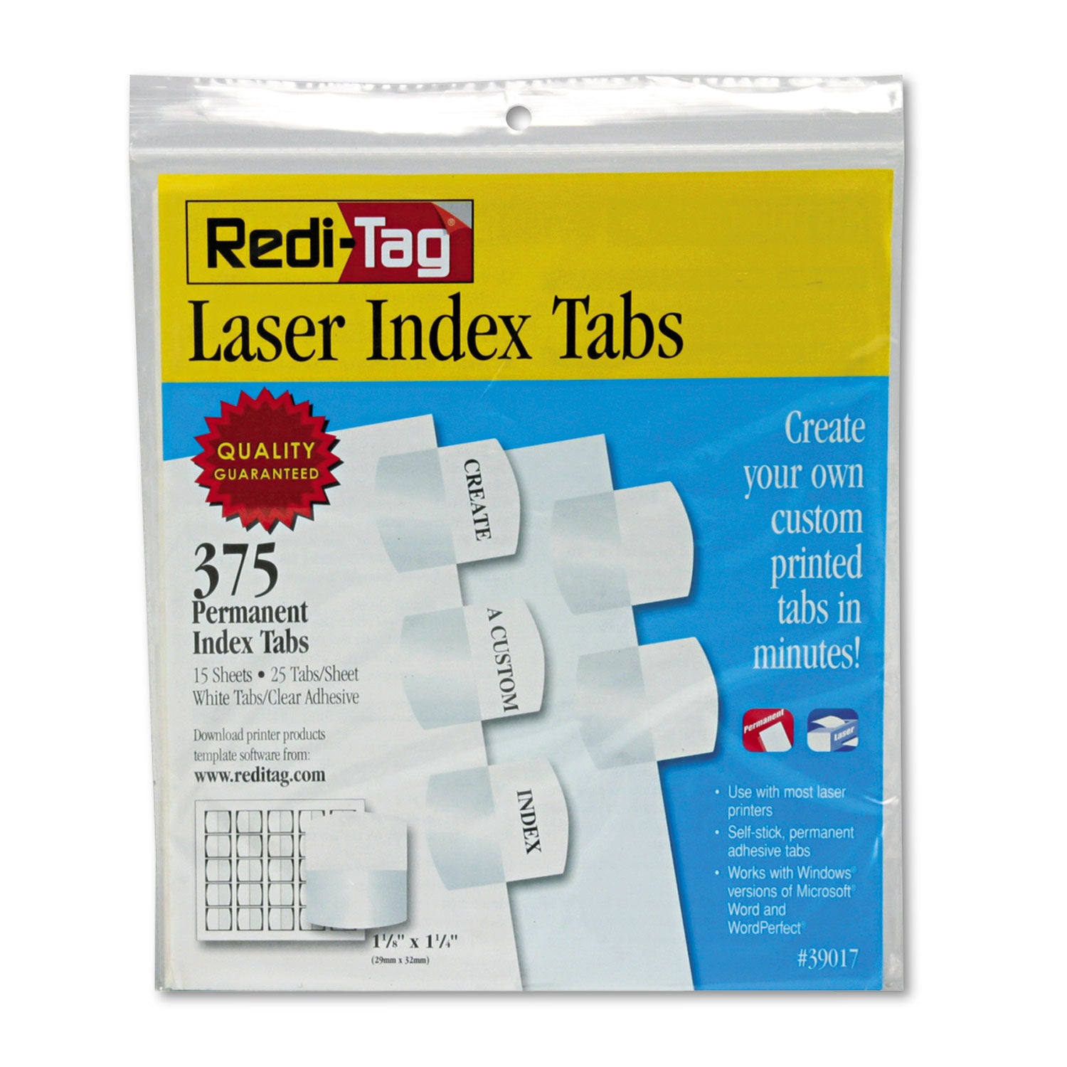 Laser Printable Index Tabs, 1/5-Cut, White, 1.13" Wide, 375/Pack - 