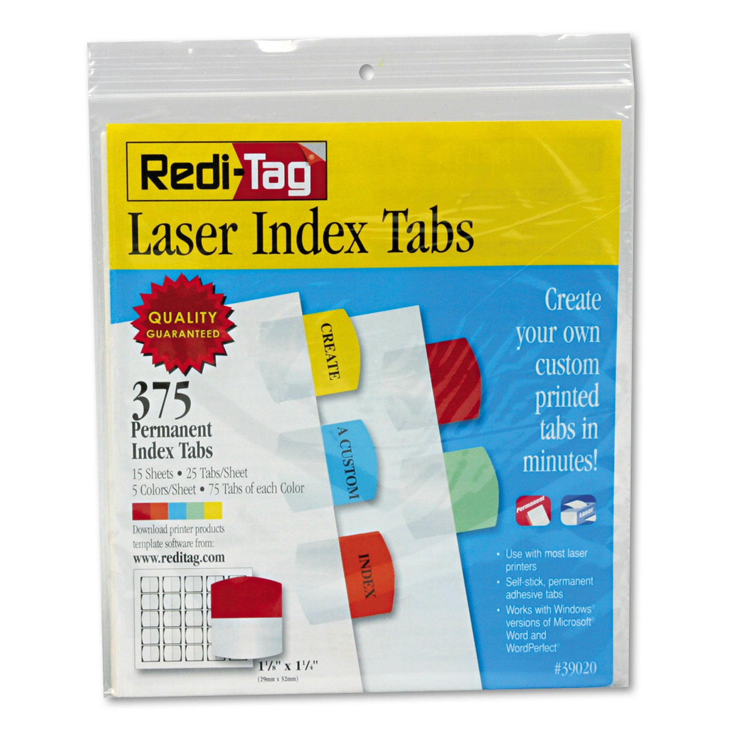 Inkjet Printable Index Tabs, 1/5-Cut, Assorted Colors, 1.13" Wide, 375/Pack - 