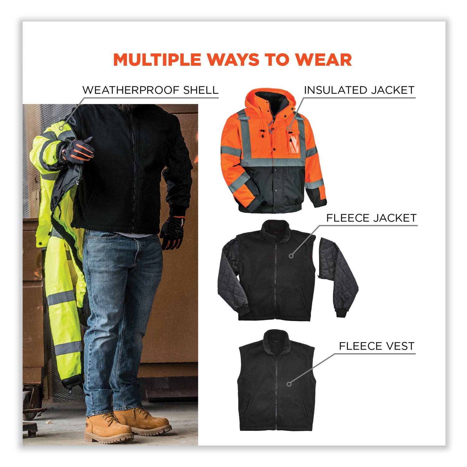 GloWear 8381 Class 3 Hi-Vis 4-in-1 Quilted Bomber Jacket, Orange, 2X-Large, Ships in 1-3 Business Days
