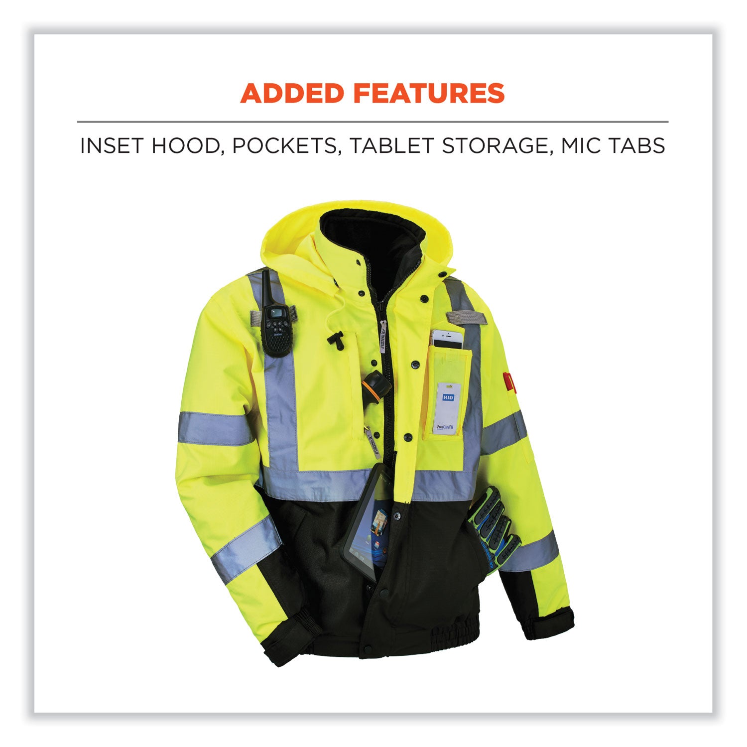 GloWear 8381 Class 3 Hi-Vis 4-in-1 Quilted Bomber Jacket, Lime, Small, Ships in 1-3 Business Days