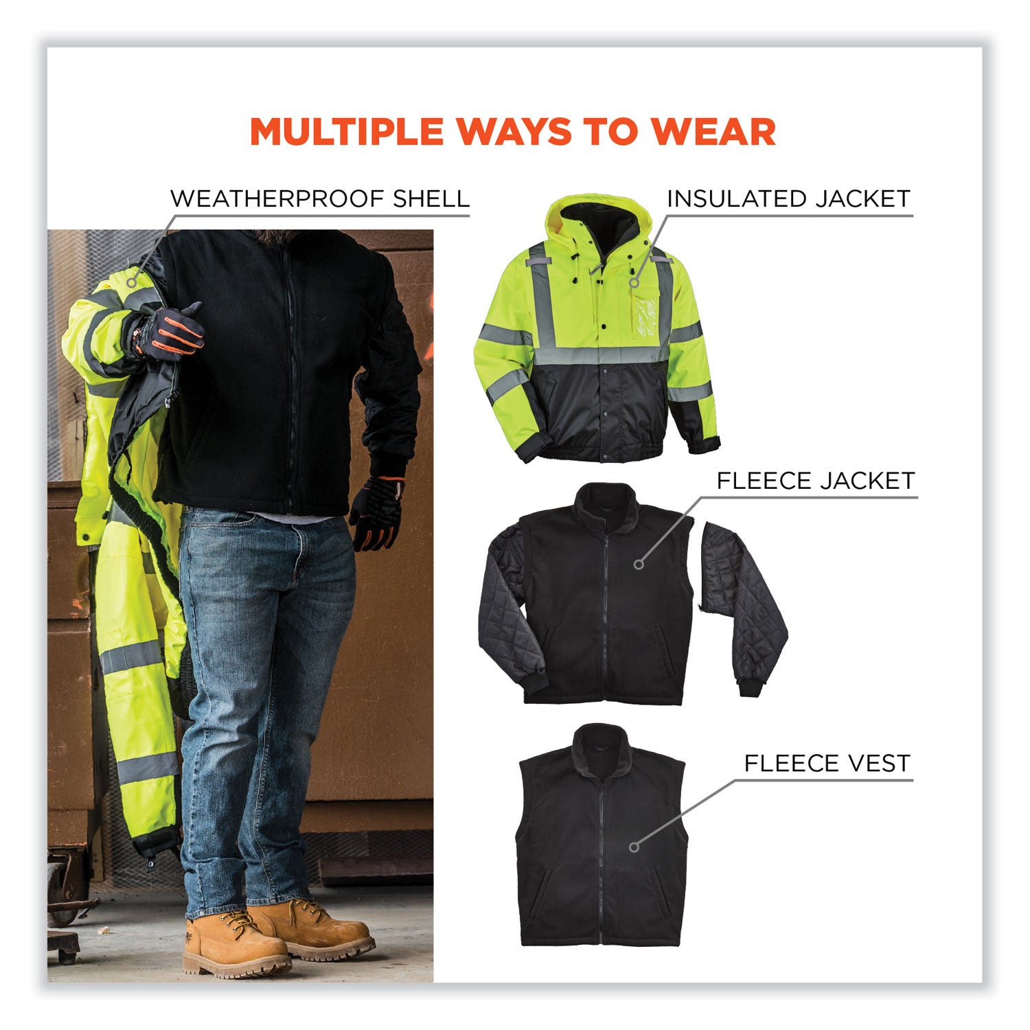 GloWear 8381 Class 3 Hi-Vis 4-in-1 Quilted Bomber Jacket, Lime, 4X-Large, Ships in 1-3 Business Days