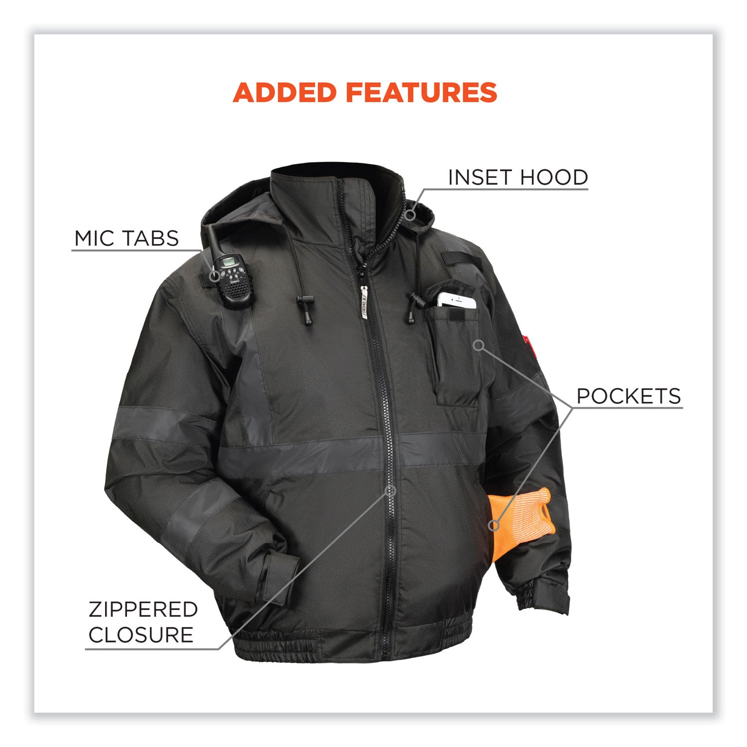GloWear 8377EV Non-Certified Hi-Vis Quilted Bomber Jacket, Black, Small, Ships in 1-3 Business Days