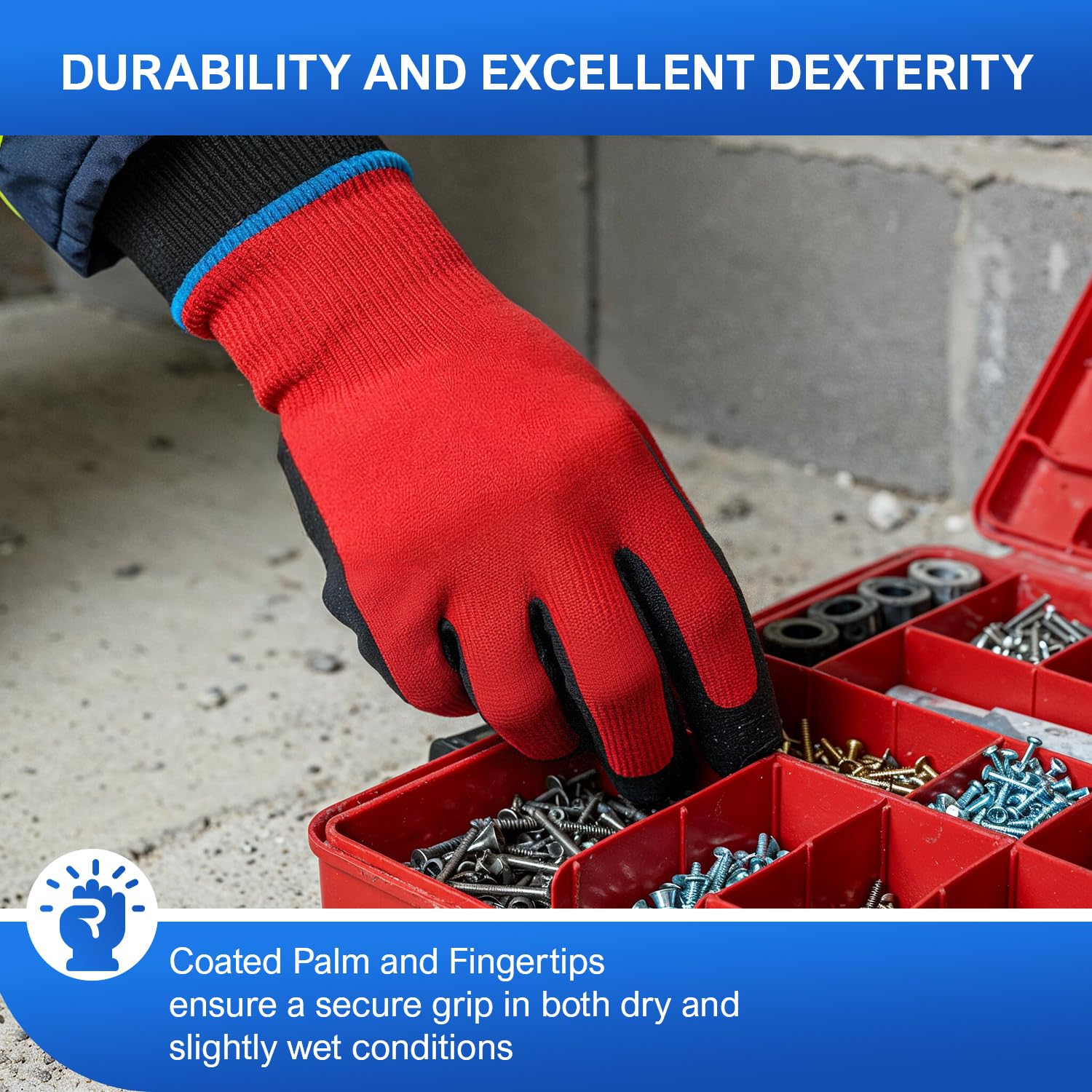 300 Pairs Medium Red Safety Gloves for Men/Women, Non Slip Black Latex Palm Work Gloves, Heavy Duty Cotton Garden Yard Gloves