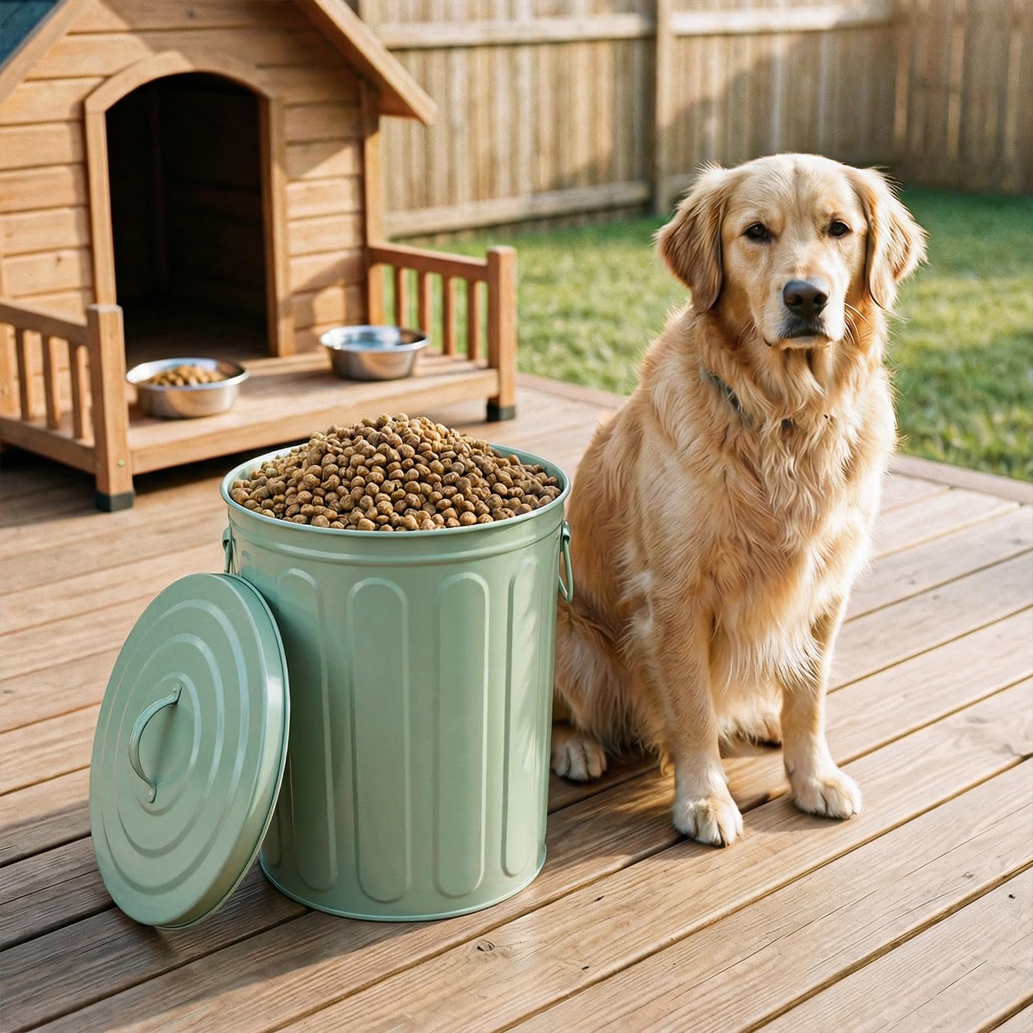 Plexon 5 Gallon Small Metal Trash Can with Lid Outdoor Galvanized Steel Bucket with Lid 5 Gal Storage Can for Dog Food Bird Seed Storage Container Rodent Pet Proof, Green