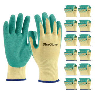 Size 10 Large Yellow Polyester Heavy Duty Non Slip Work Gloves with Green Latex Coated Palm, 144 Pairs/Case