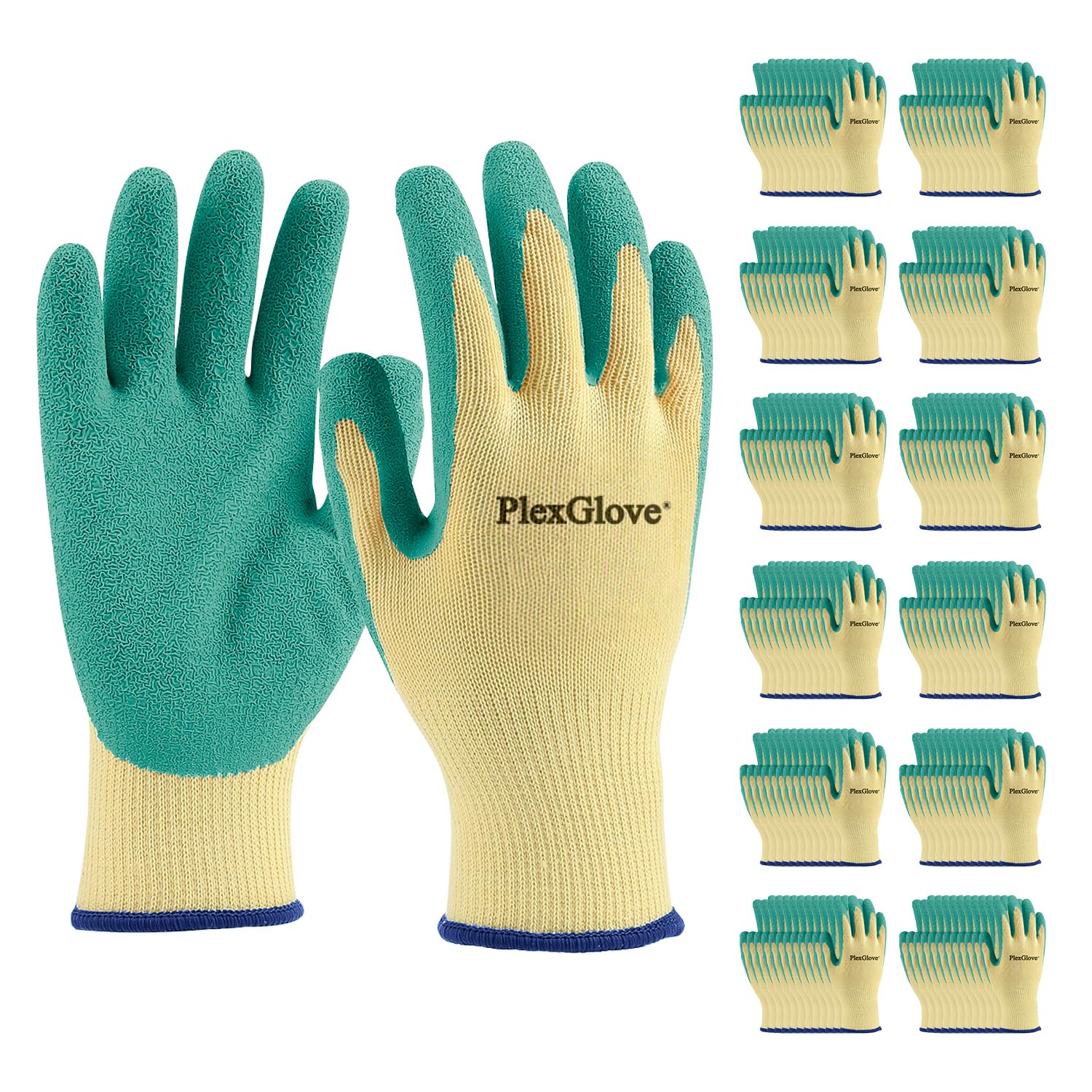 Size 10 Large Yellow Polyester Heavy Duty Non Slip Work Gloves with Green Latex Coated Palm, 144 Pairs/Case