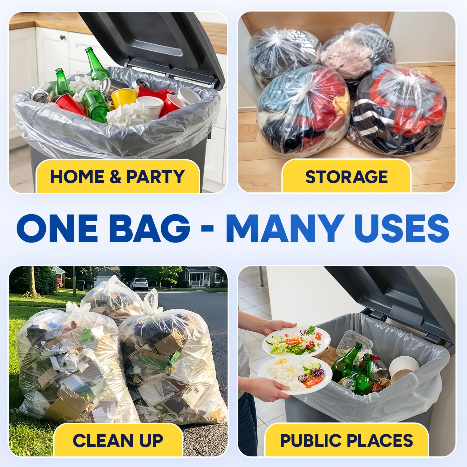 43" x 47" 56 Gal 2 Mil Clear Trash Bags, 100/Case