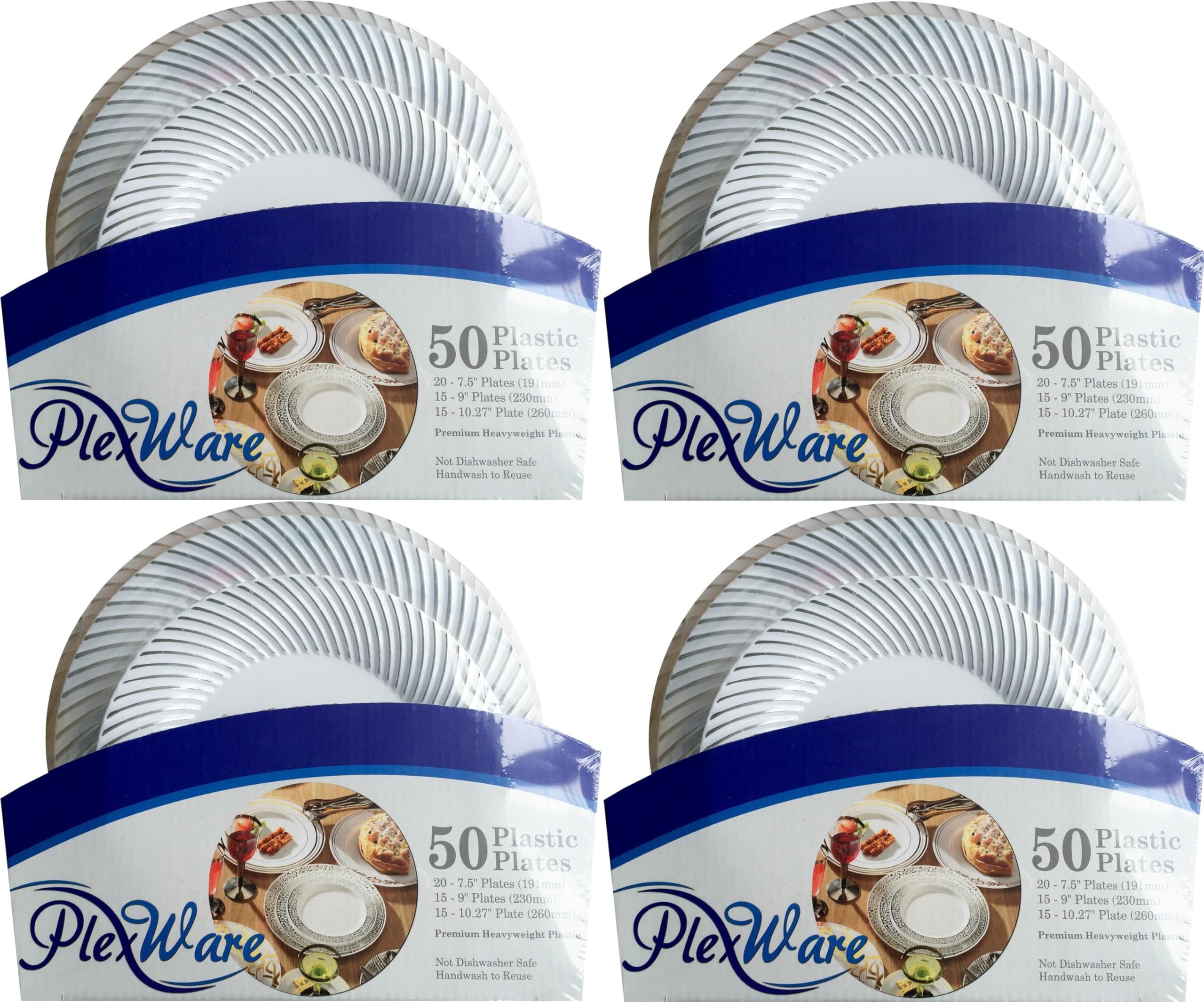 50-piece Set Round White Plates with Silver Swirl Rim, 20 Pieces 7.5", 15 Pieces 9", 15 Pieces 10.25", 4/Case