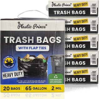 43" x 49" 65 Gallon 2Mil Black Trash Bags with Flap Ties, 20/Box 120/Case