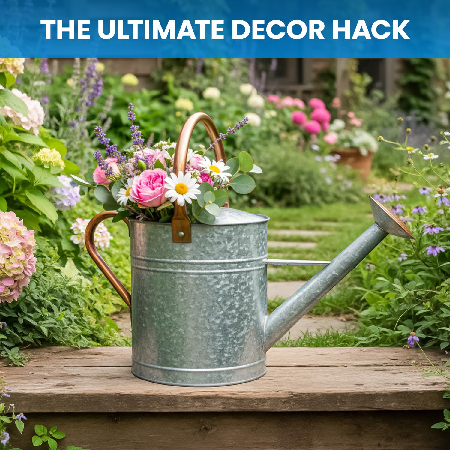 Plexon Large Metal Watering Can Outdoor 2 Gallon, Plant Flower Gardening Garden Watering Can Pot, Bronze Galvanized Steel Handles and Removable Spray Spout, Silver