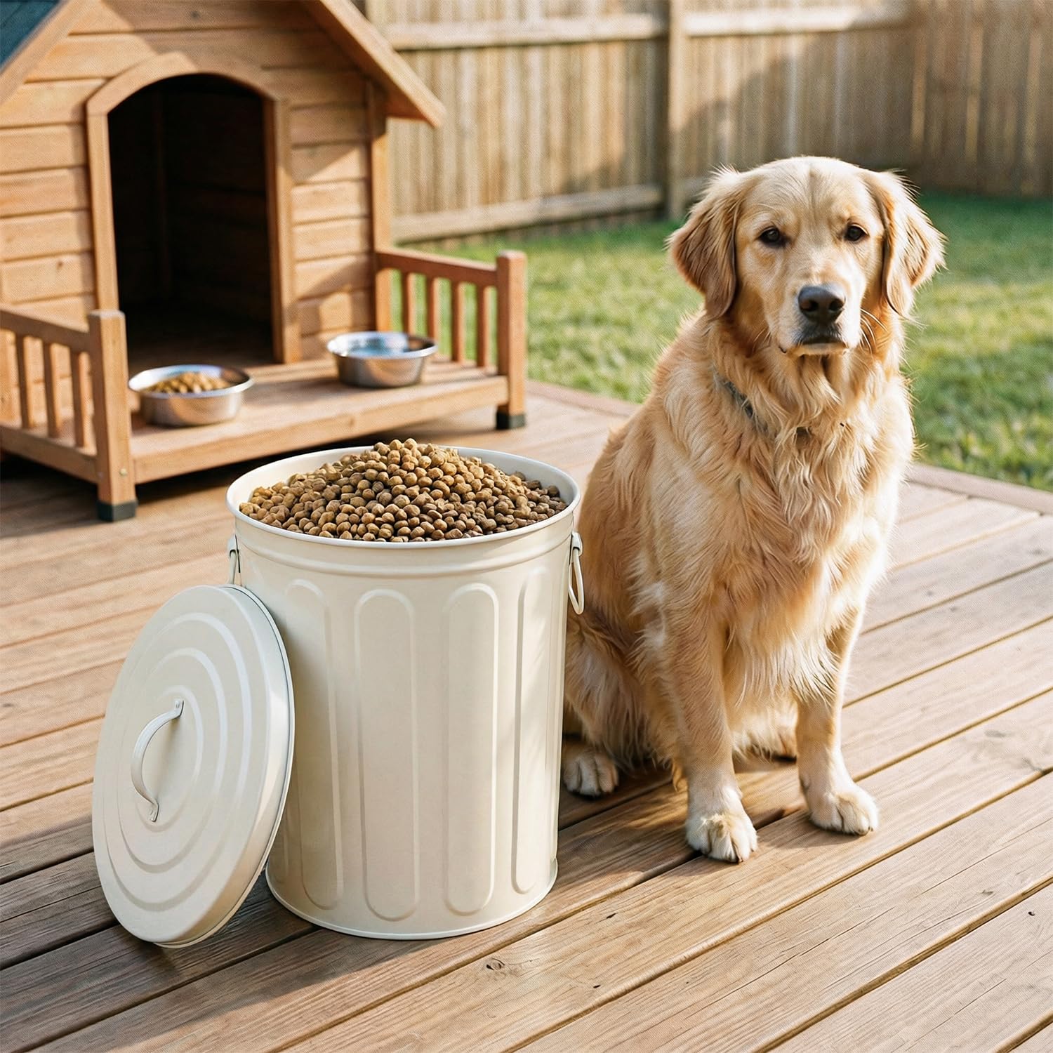 Plexon 5 Gallon Small Metal Trash Can with Lid Outdoor Galvanized Steel Bucket with Lid 5 Gal Storage Can for Dog Food Bird Seed Storage Container Rodent Pet Proof, Matte Off-White