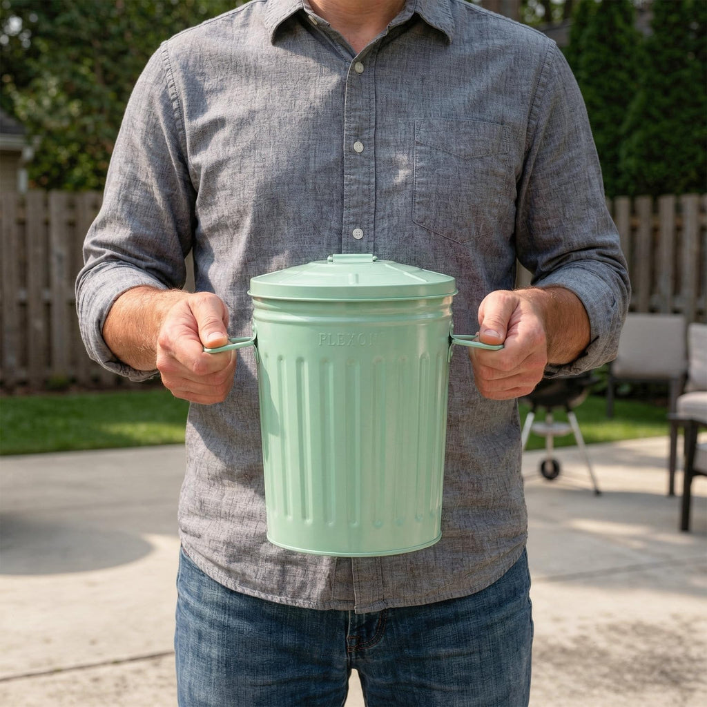 Plexon 2 Gallon Small Metal Trash Can with Lid Bathroom Garbage Can with Lid Bathroom Trash Can for Bedroom Office Kitchen Indoor Waste Basket, Round Powder Coated Green Bucket