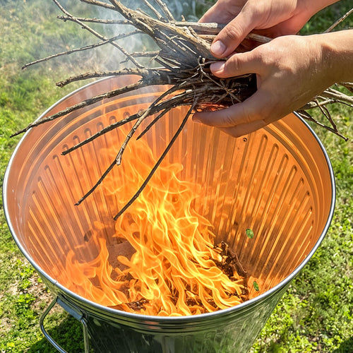 Incinerator Burn Barrel for Outside for Burning Trash Leaf - Metal Burn Can Cage Bin Container - Fire Can Paper Burner Outdoor, Flat Lid and Ventilation Holes, Galvanized Steel, 31 Gallon