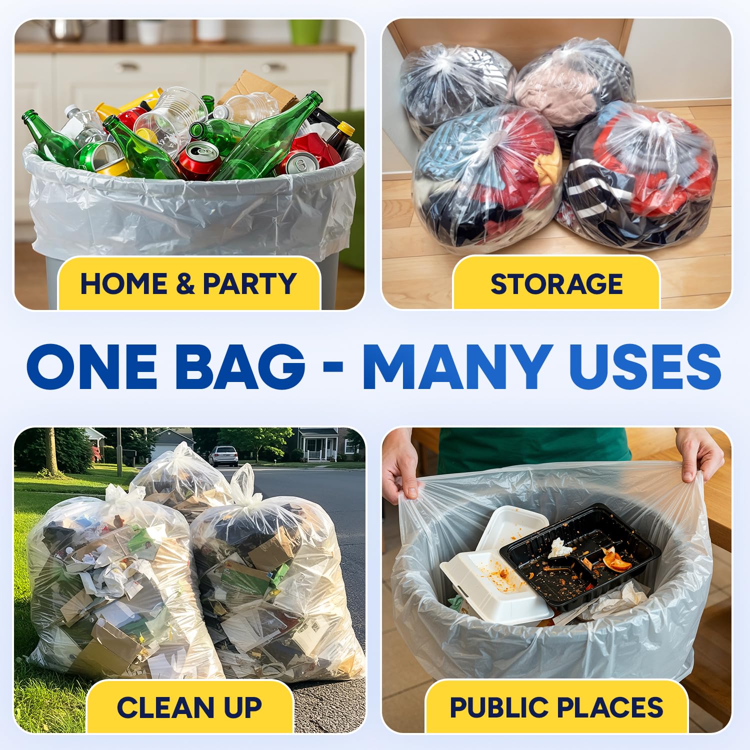 38" x 58" 55 Gal 3 Mil Clear Trash Bags, 100/Case