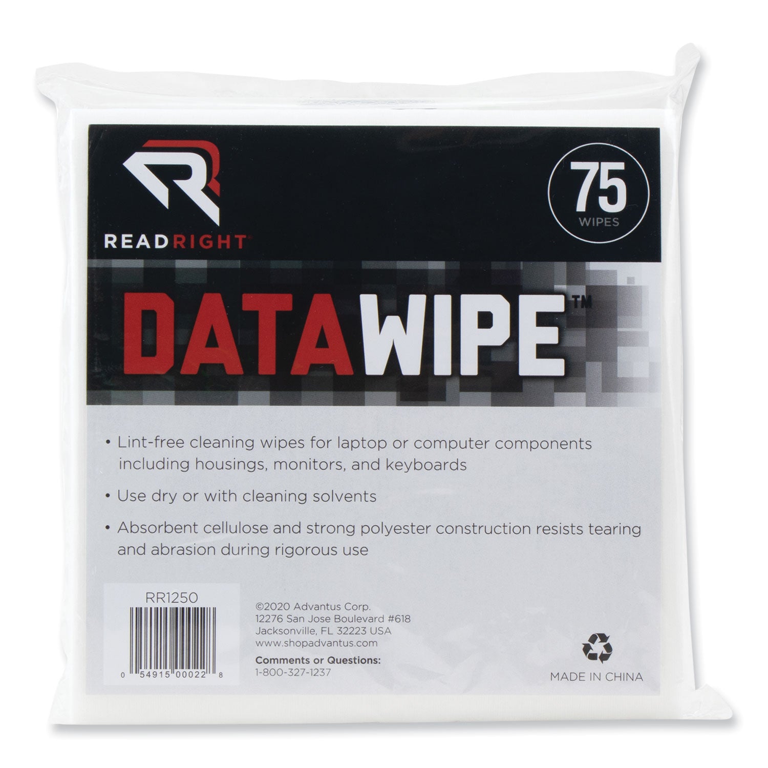 DataWipe Office Equipment Cleaner, Cloth, 6 x 6, White, 75/Pack - 