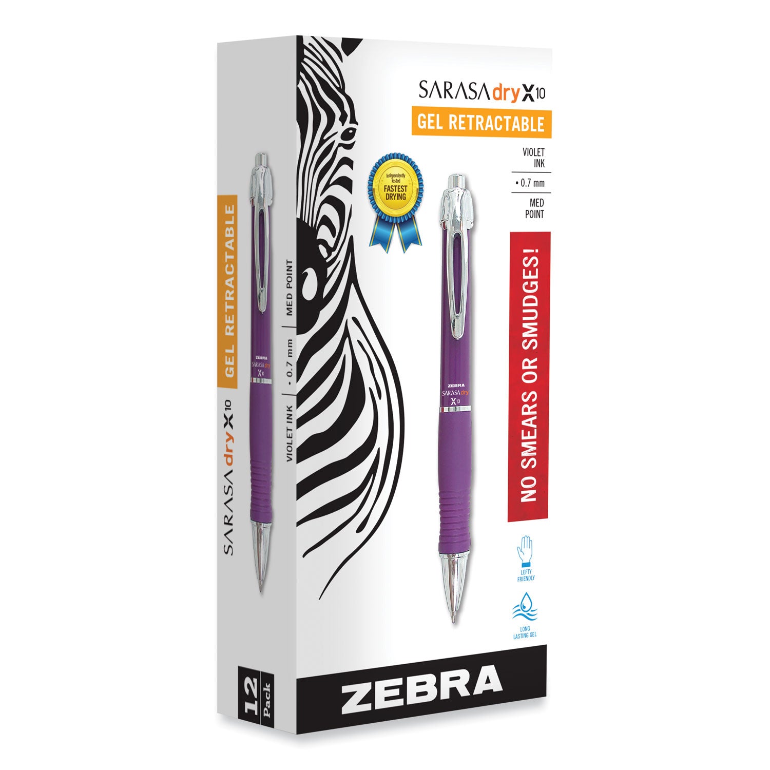 Sarasa Dry X10 Gel Pen, Retractable, Medium 0.7 mm, Violet Ink, Violet/Silver Barrel, 12/Pack - 