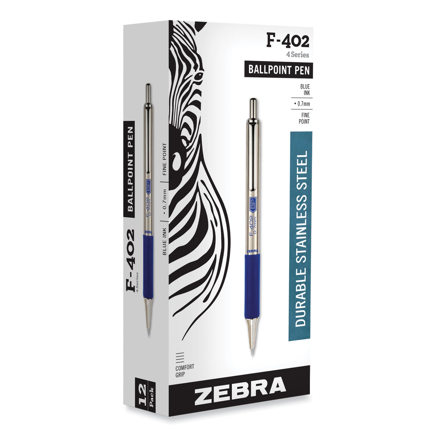 F-402 Ballpoint Pen, Retractable, Fine 0.7 mm, Blue Ink, Stainless Steel/Blue Barrel - 2