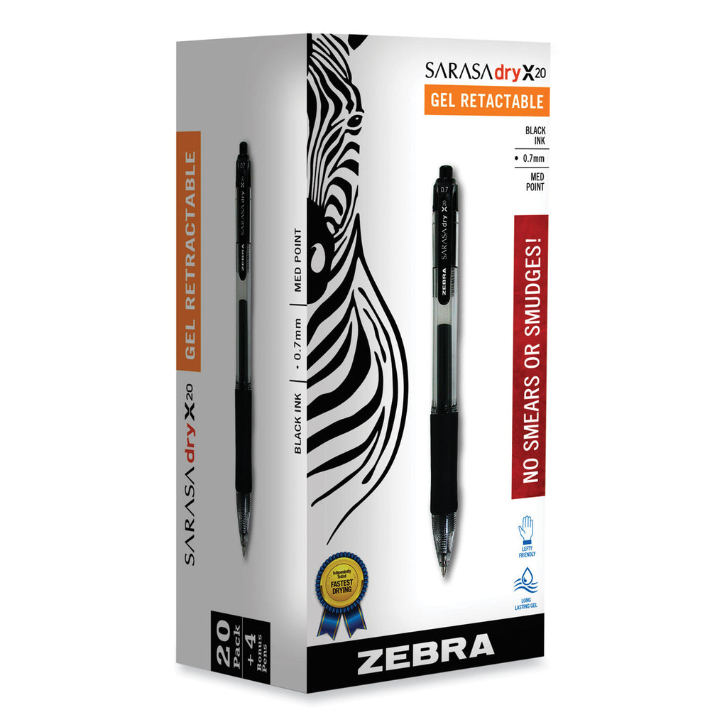 Sarasa Dry Gel X20 Gel Pen Value Pack, Retractable, Medium 0.7 mm, Black Ink, Clear/Black Barrel, 24/Box