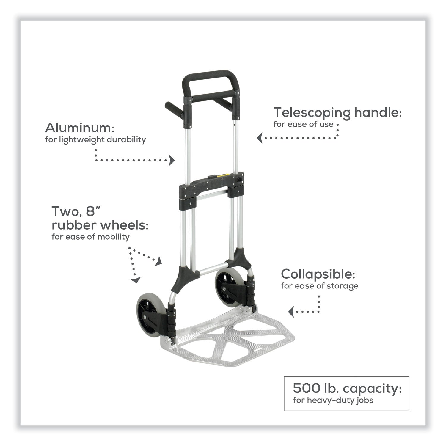 Stow-Away Heavy-Duty Hand Truck, 500 lb Capacity, 23 x 24 x 50, Aluminum - 