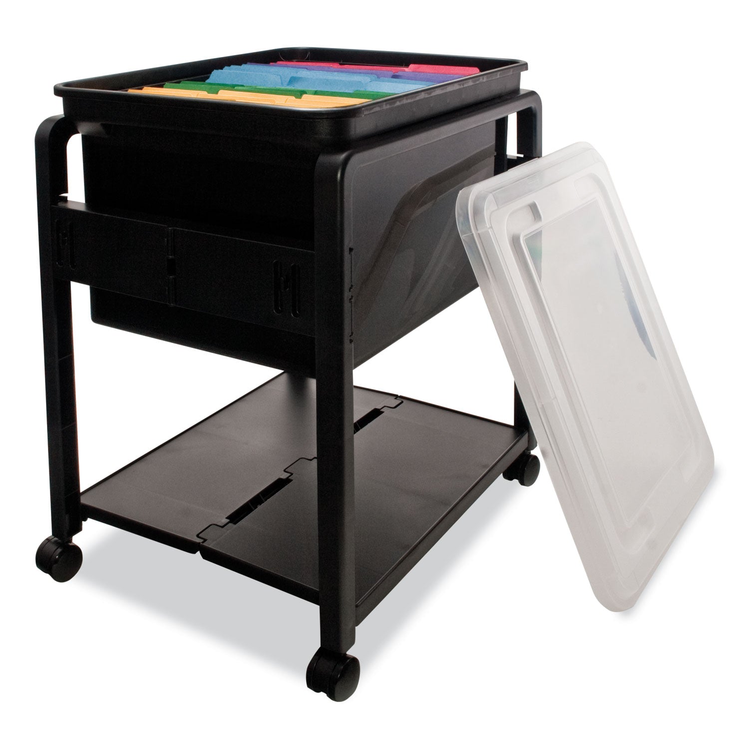 Folding Mobile File Cart, Plastic, 1 Shelf, 1 Bin, 14.5" x 18.5" x 21.75", Black - 