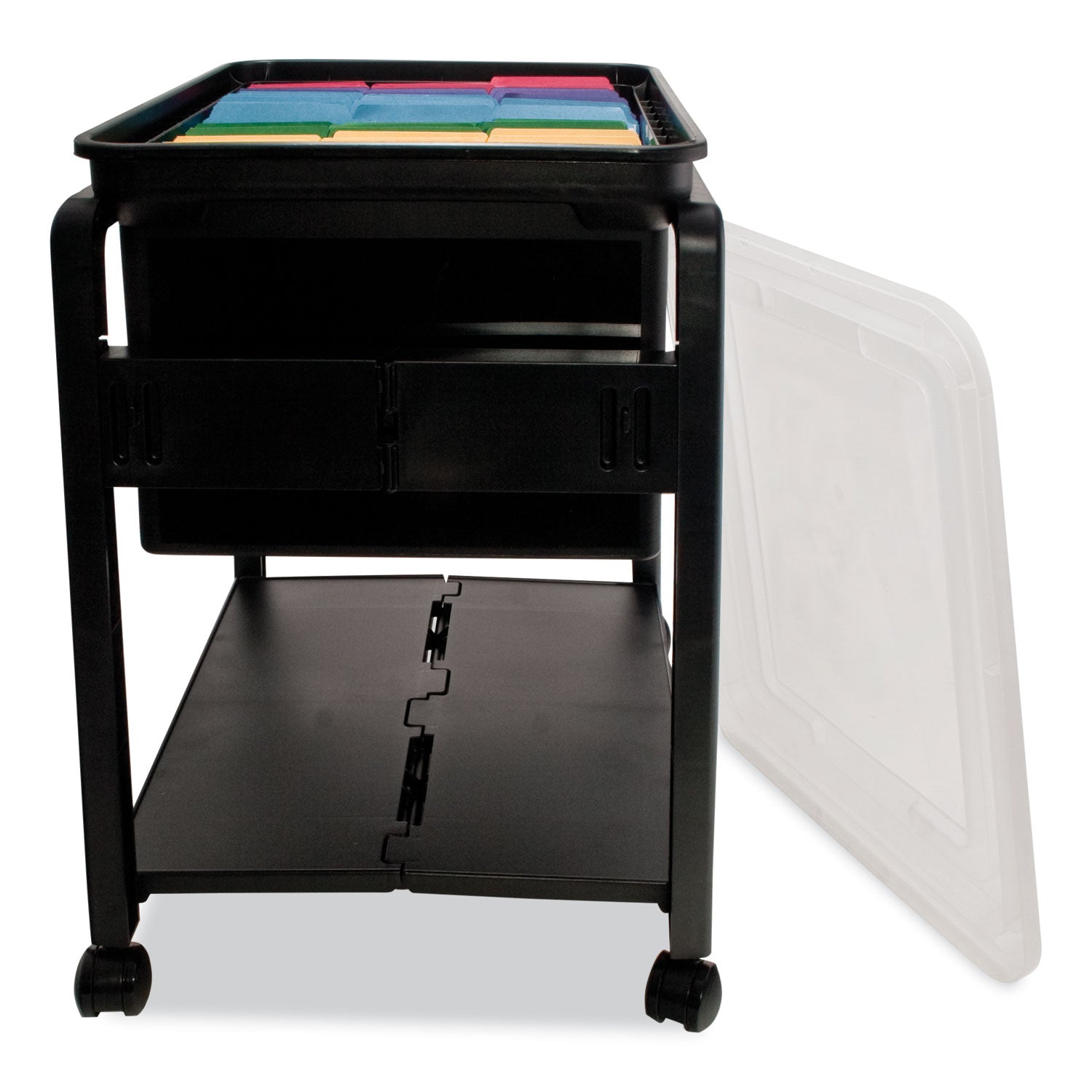 Folding Mobile File Cart, Plastic, 1 Shelf, 1 Bin, 14.5" x 18.5" x 21.75", Black - 