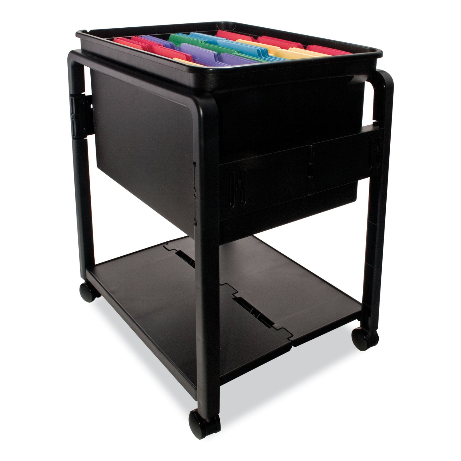 Folding Mobile File Cart, Plastic, 1 Shelf, 1 Bin, 14.5" x 18.5" x 21.75", Black - 