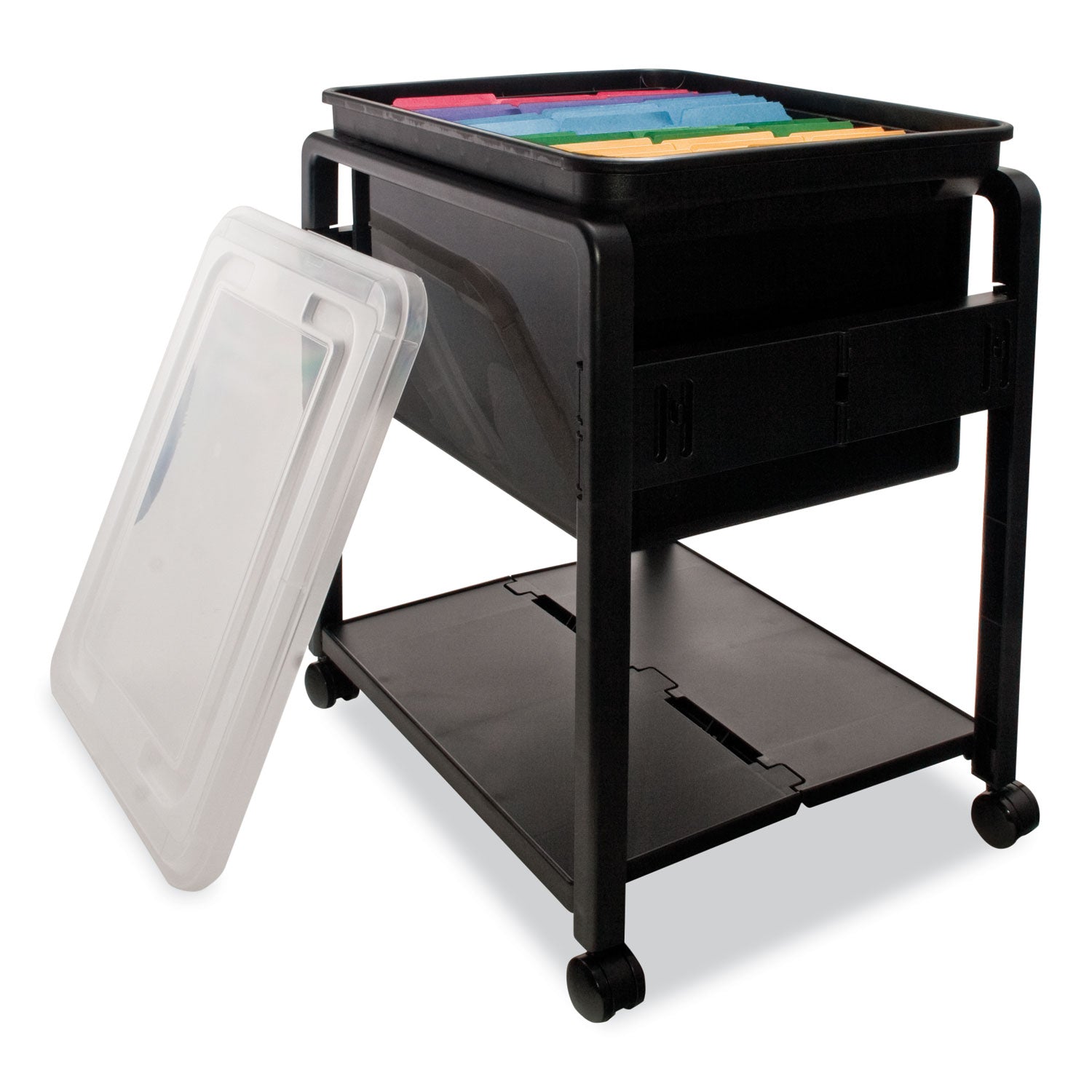 Folding Mobile File Cart, Plastic, 1 Shelf, 1 Bin, 14.5" x 18.5" x 21.75", Black - 