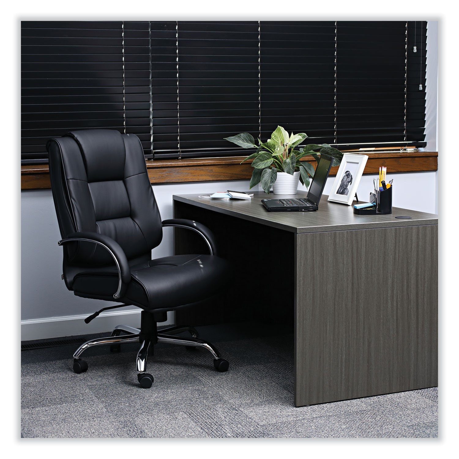 Alera Ravino Big/Tall High-Back Bonded Leather Chair, Headrest, Supports 450 lb, 20.07" to 23.74" Seat, Black, Chrome Base - 
