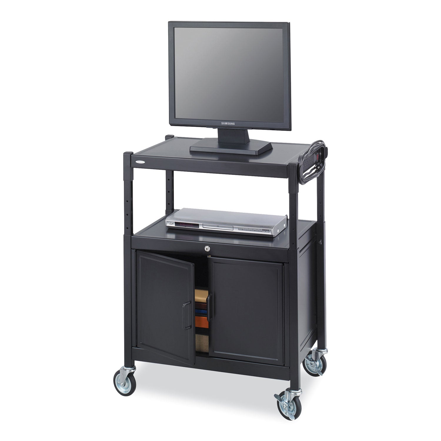steel-adjustable-av-cart-w-cabinet-metal-3-shelf-6-ac-outlets-40-lb-cap-2675x205x42-black-ships-in-1-3-business-days_saf8943bl - 3