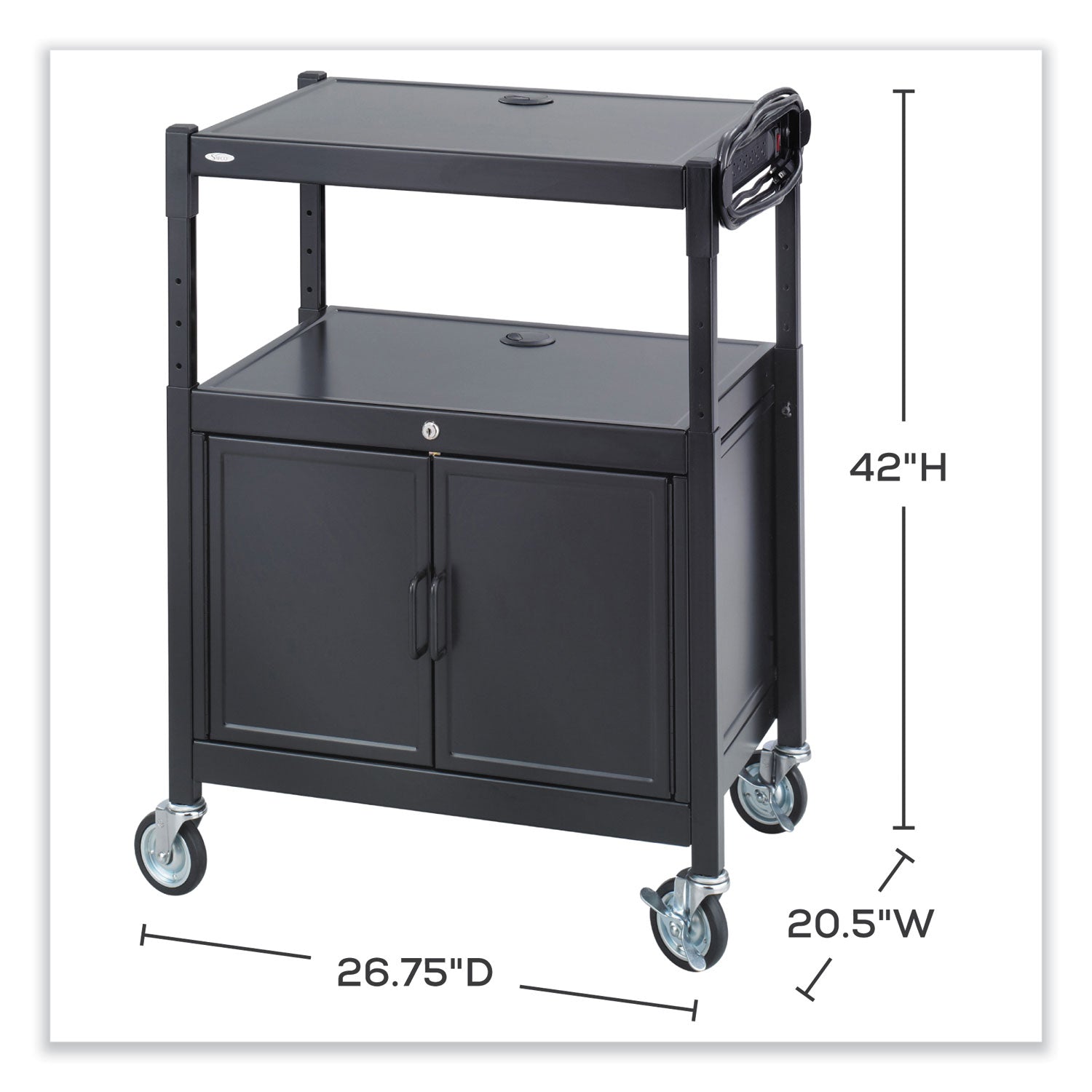 Steel Adjustable AV Cart w/Cabinet, Metal, 3 Shelf, 6 AC Outlets, 40 lb Cap, 26.75x20.5x42, Black, Ships in 1-3 Business Days