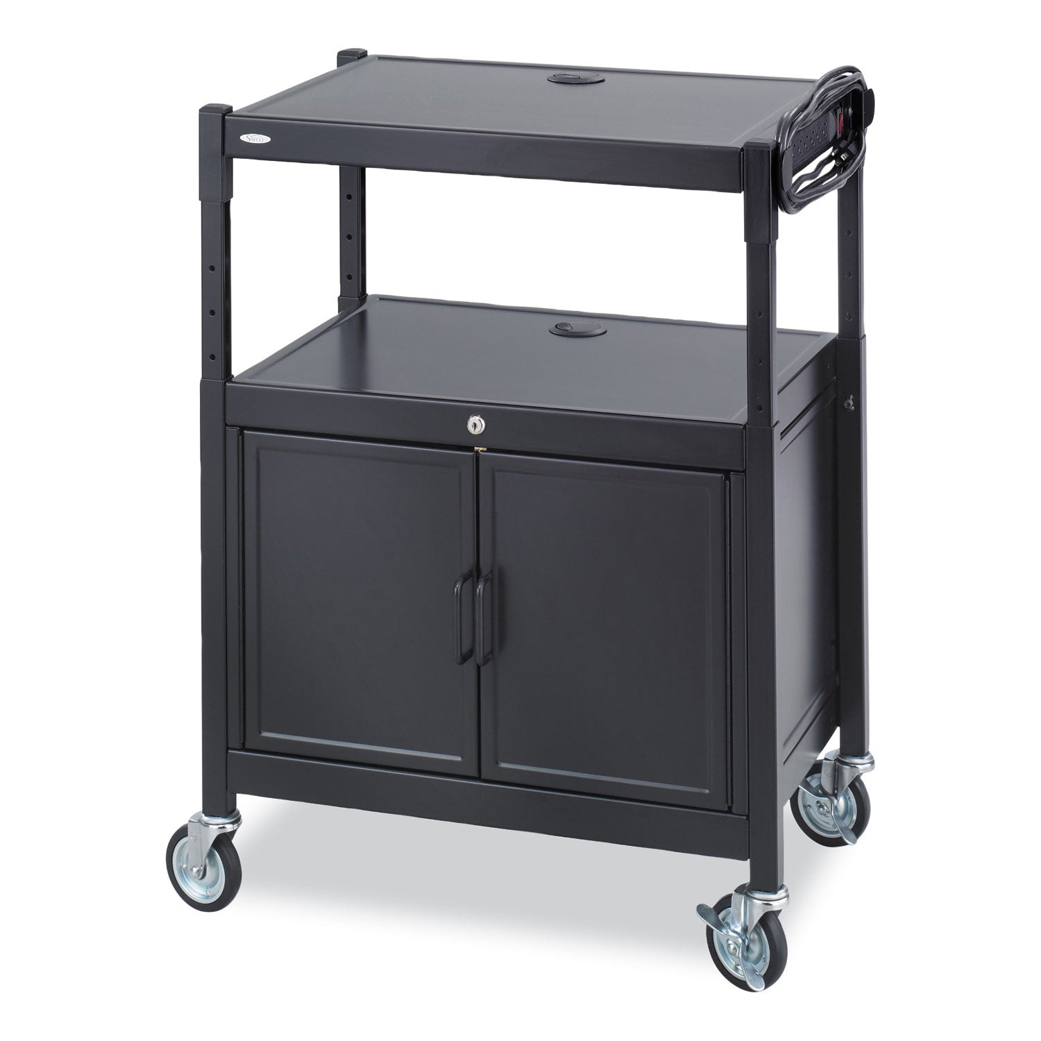 steel-adjustable-av-cart-w-cabinet-metal-3-shelf-6-ac-outlets-40-lb-cap-2675x205x42-black-ships-in-1-3-business-days_saf8943bl - 1