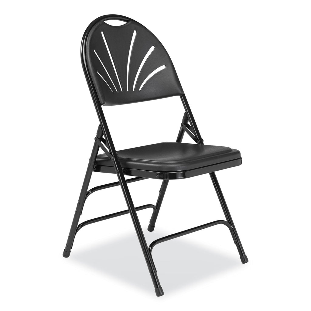 1100 Series Fan-Back Tri-Brace Dual Hinge Folding Chair, Supports 500 lb, 17.75" Seat Ht, Black, 4/CT, Ships in 1-3 Bus Days
