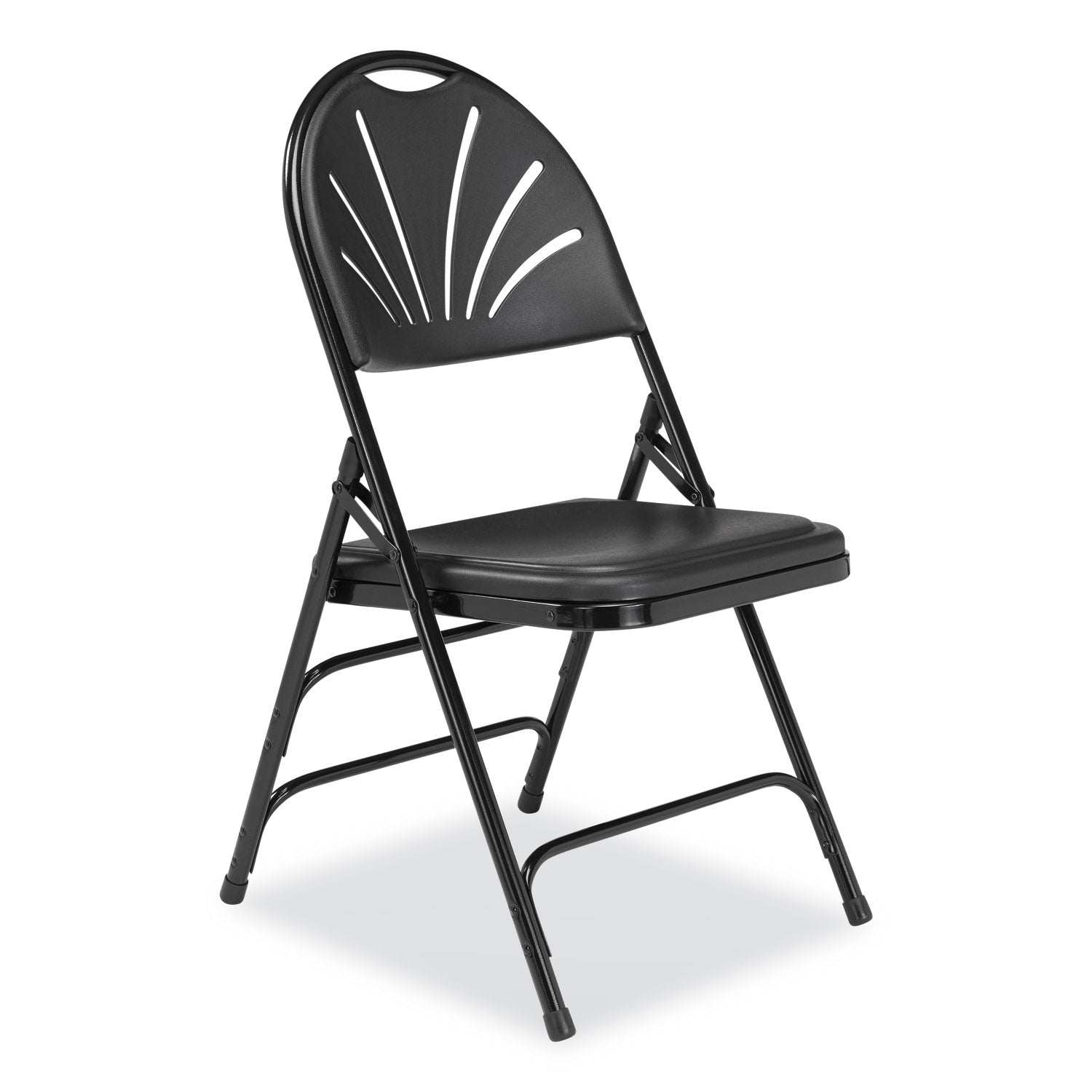 1100 Series Fan-Back Tri-Brace Dual Hinge Folding Chair, Supports 500 lb, 17.75" Seat Ht, Black, 4/CT, Ships in 1-3 Bus Days