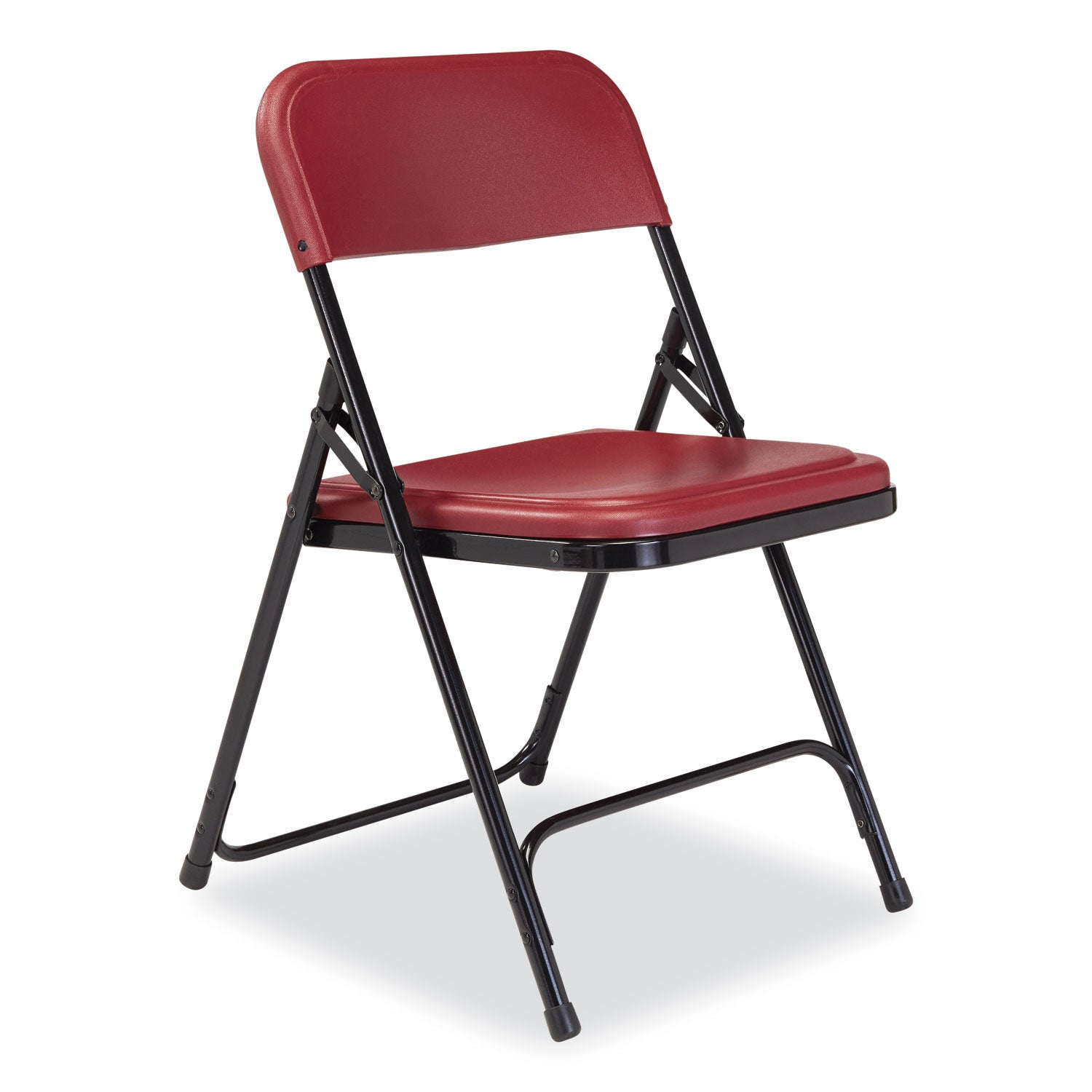 800 Series Plastic Folding Chair, Supports 500 lb, 18" Seat Ht, Burgundy Seat/Back, Black Base, 4/CT, Ships in 1-3 Bus Days