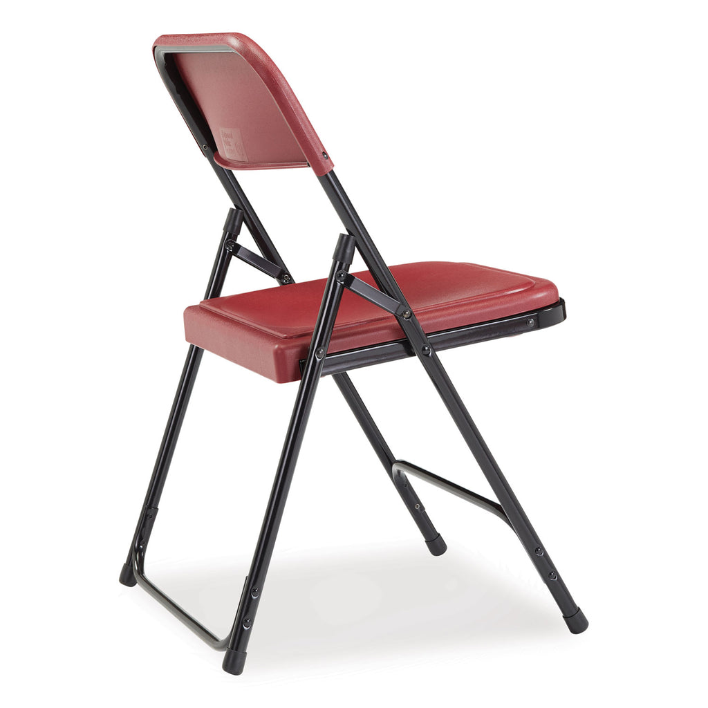 800 Series Plastic Folding Chair, Supports 500 lb, 18" Seat Ht, Burgundy Seat/Back, Black Base, 4/CT, Ships in 1-3 Bus Days