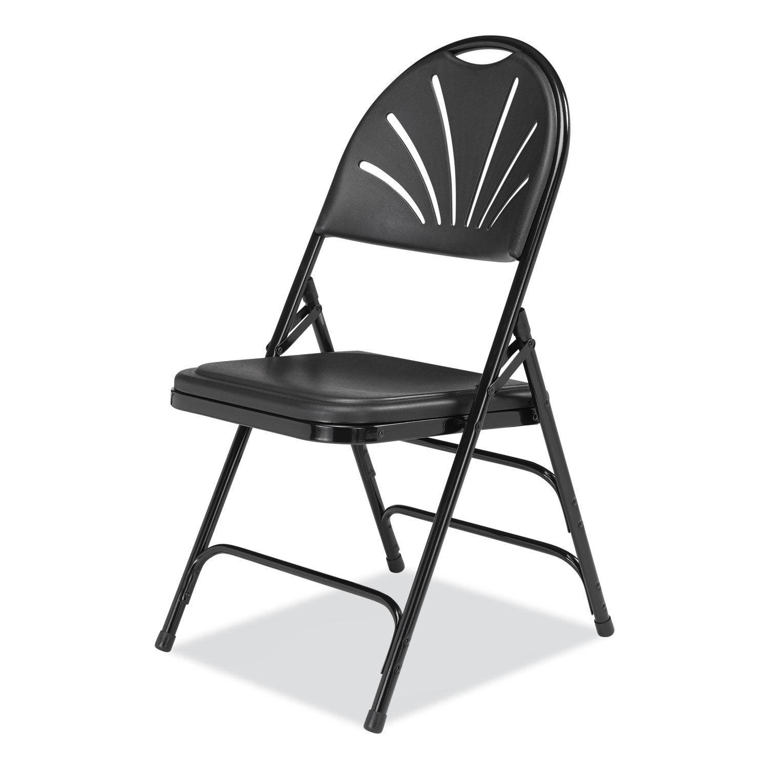 1100 Series Fan-Back Tri-Brace Dual Hinge Folding Chair, Supports 500 lb, 17.75" Seat Ht, Black, 4/CT, Ships in 1-3 Bus Days