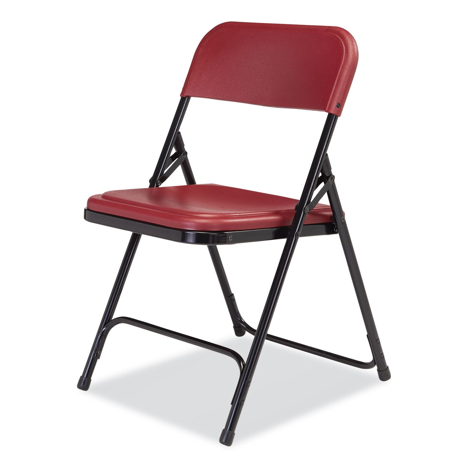 800 Series Plastic Folding Chair, Supports 500 lb, 18" Seat Ht, Burgundy Seat/Back, Black Base, 4/CT, Ships in 1-3 Bus Days