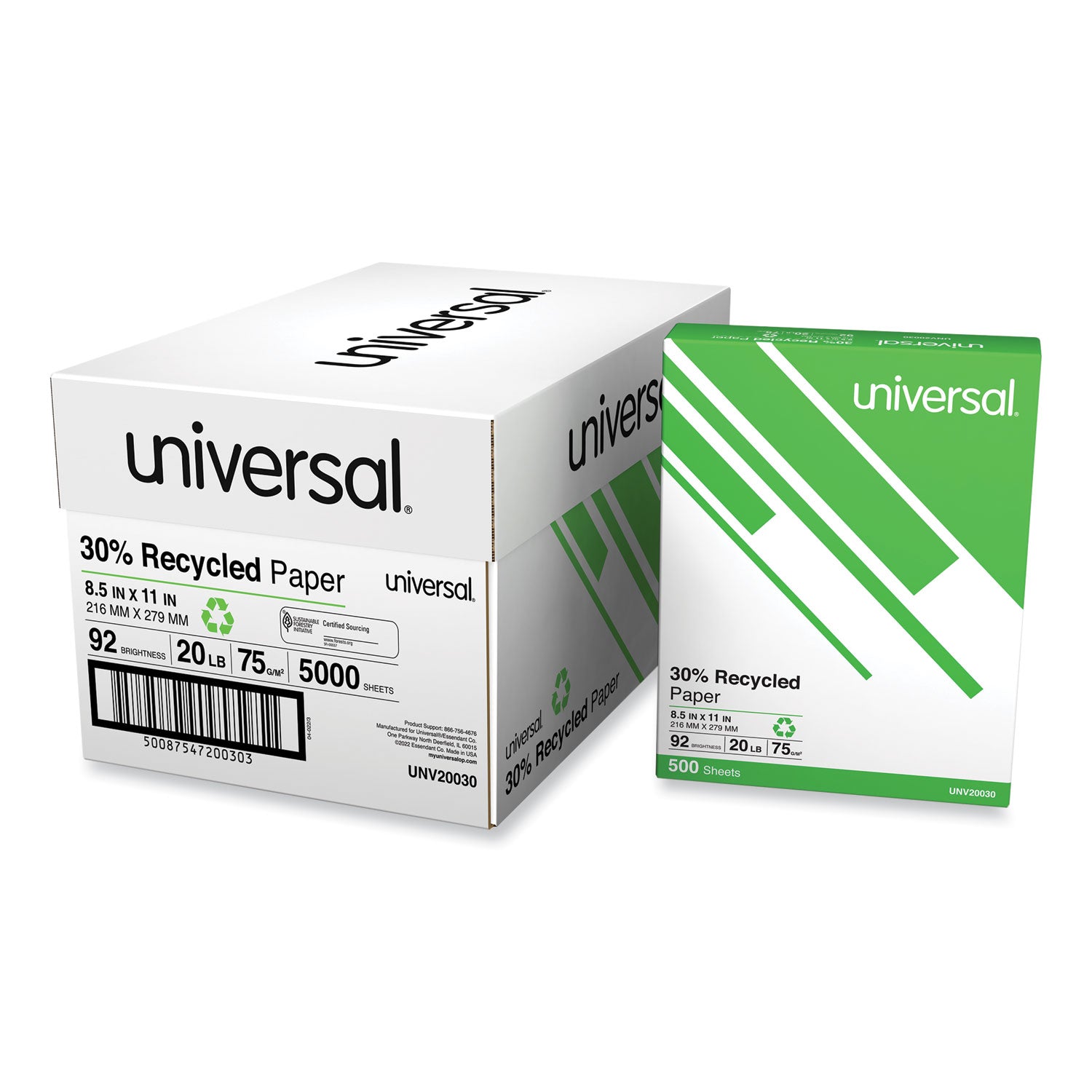 30% Recycled Copy Paper, 92 Bright, 20 lb Bond Weight, 8.5 x 11, White, 500 Sheets/Ream, 10 Reams/Carton - 