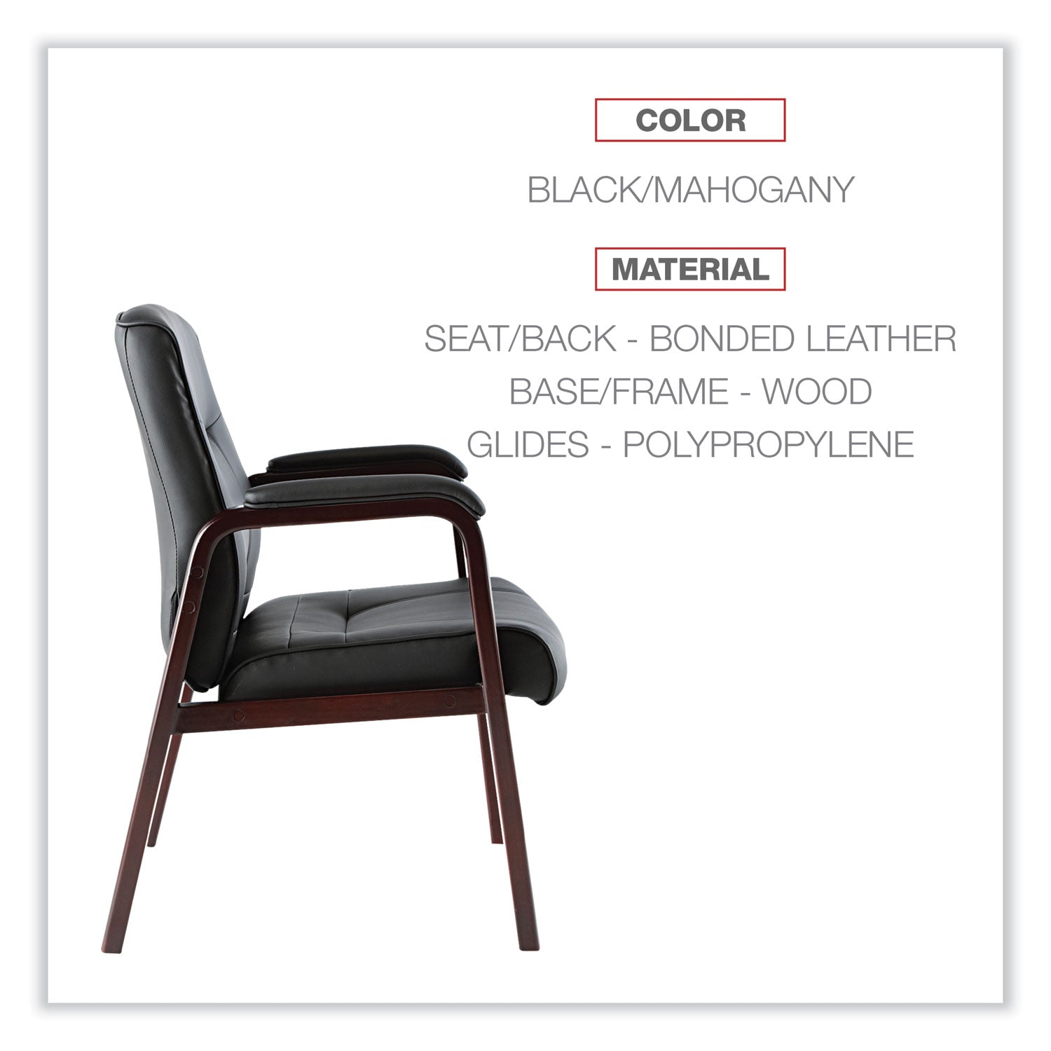 Alera Madaris Series Bonded Leather Guest Chair with Wood Trim Legs, 25.39" x 25.98" x 35.62", Black Seat/Back, Mahogany Base - 