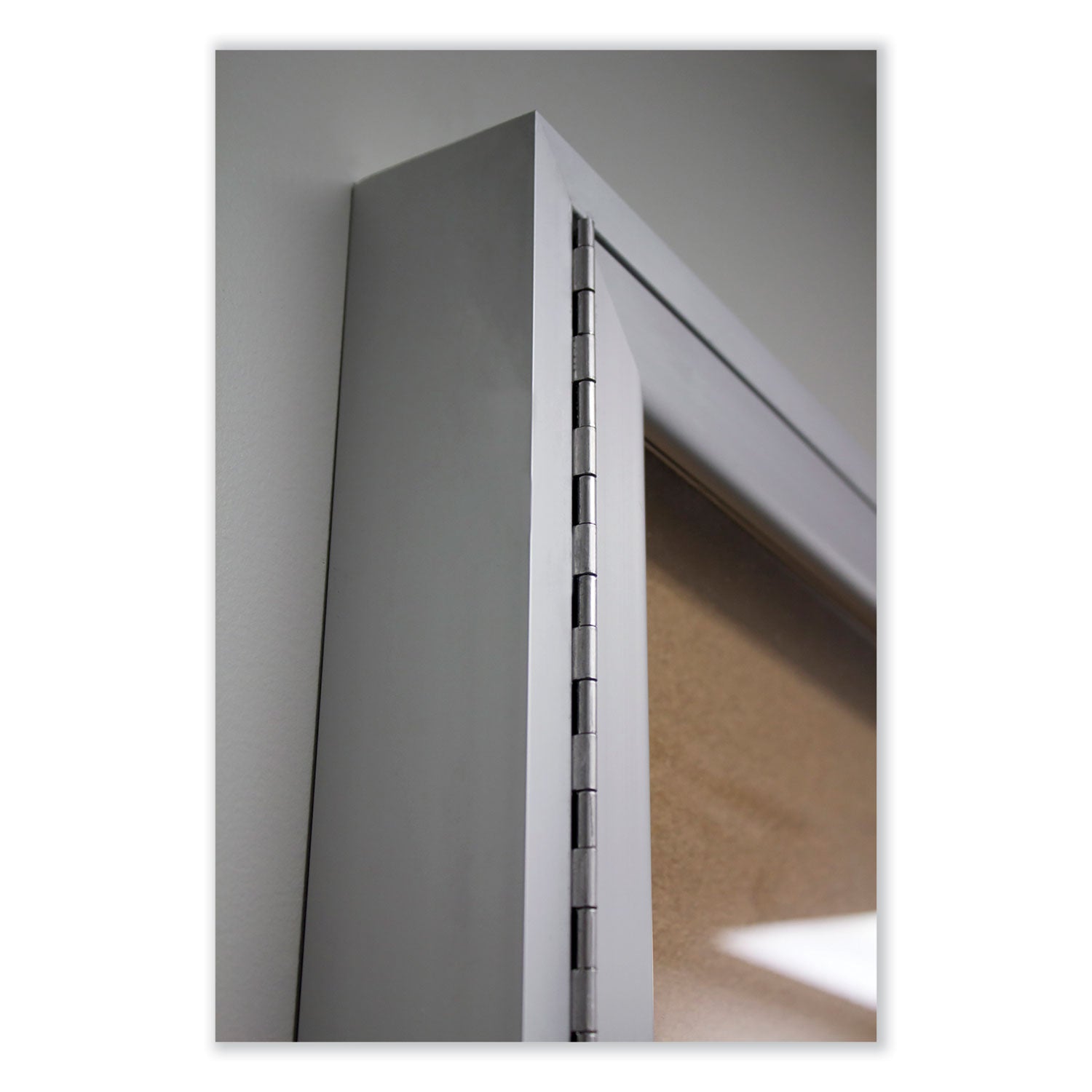 2 Door Enclosed Natural Cork Bulletin Board with Satin Aluminum Frame, 48 x 36, Tan Surface, Ships in 7-10 Business Days - 