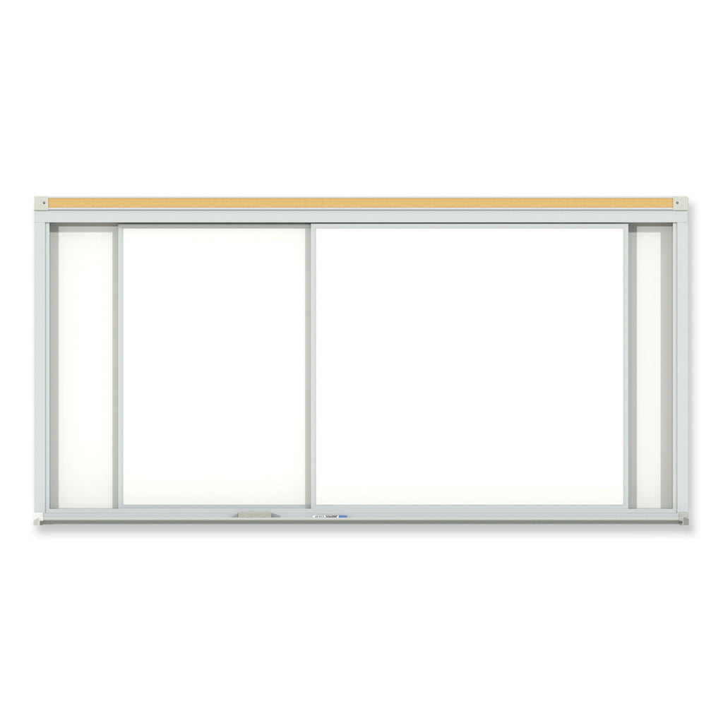 Horizontal Sliding Porcelain Magnetic Whiteboard, 144 x 48, White Surface, Satin Aluminum Frame, Ships in 7-10 Business Days